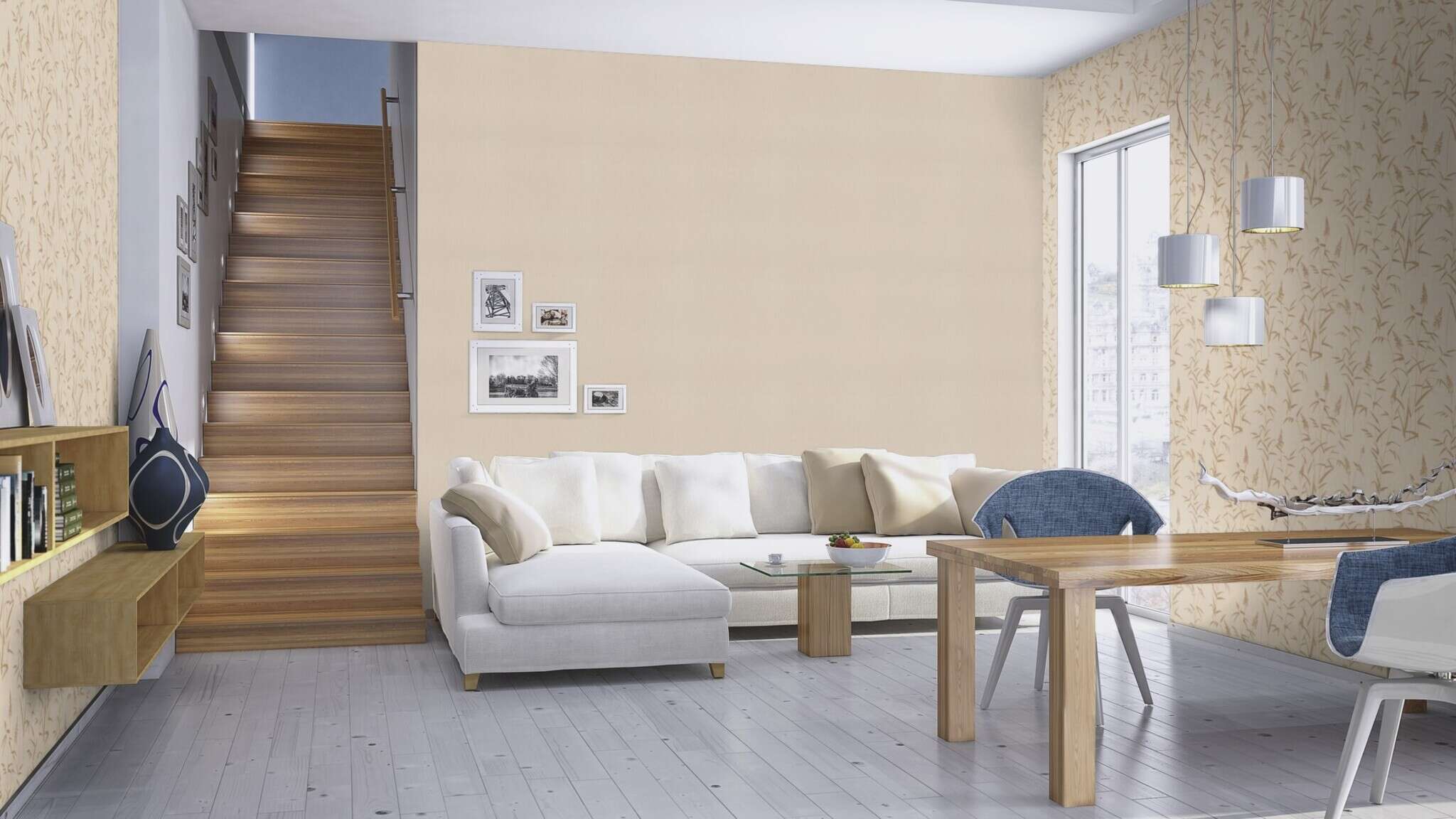 10-312928 Raumsituationen 3 Room with Beige wallpaper with subtle brown grass print in a natural, calm look.