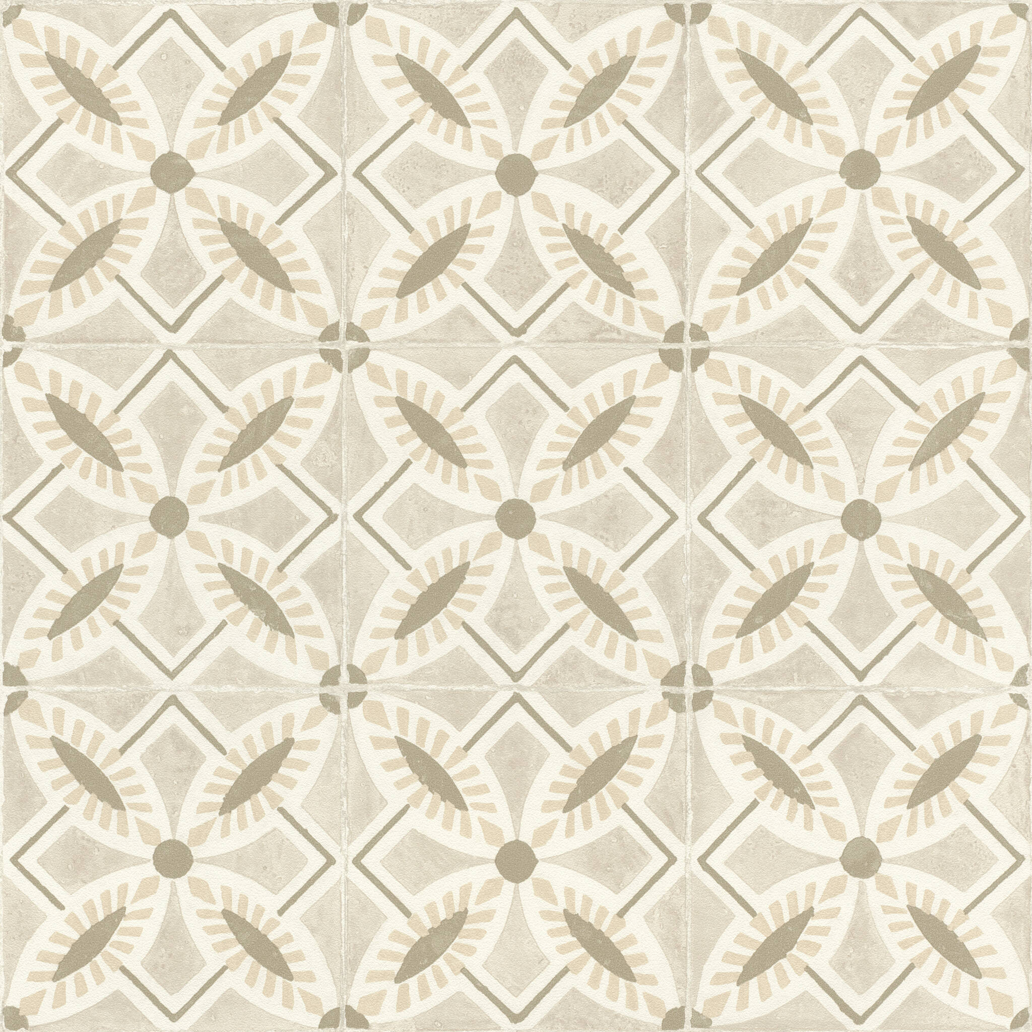 10-410266 Artikelscan 1 Beige non-woven wallpaper with a geometric pattern in the style of antique cement tiles – harmonious and warm.