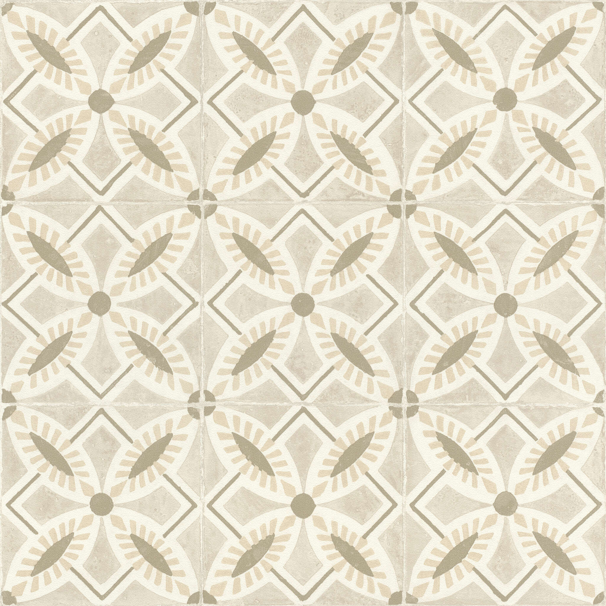 10-410266 Artikelscan 1 Beigefarbene Vliestapete mit geometrischem Muster im Stil antiker Zementfliesen – harmonisch und warm.