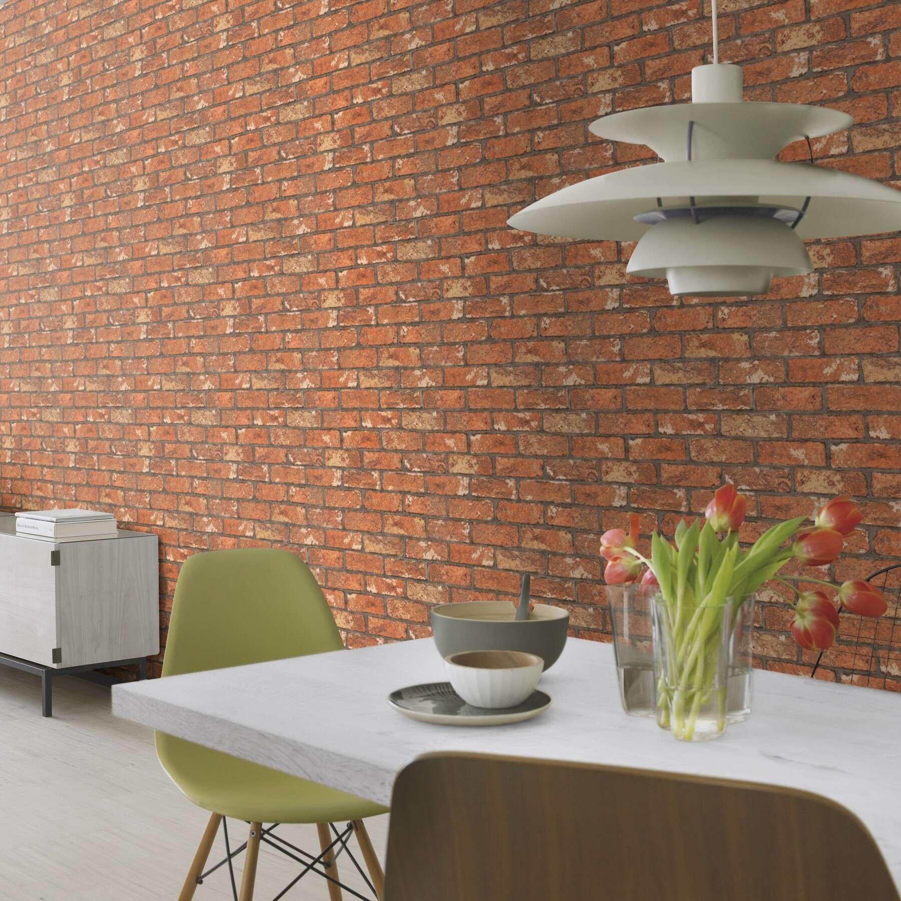 10-278217 Raumsituationen 2 Room with Wallpaper with rustic brick pattern in warm red-orange with slightly aged surface