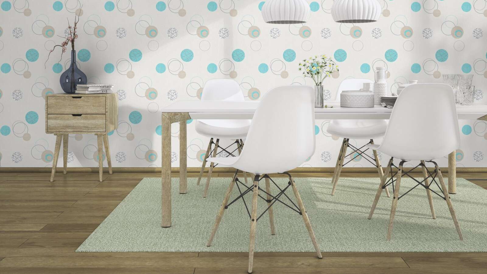 10-475913 Raumsituationen 2 Room with Playful, modern pattern with circles in light blue, beige and grey on a white background