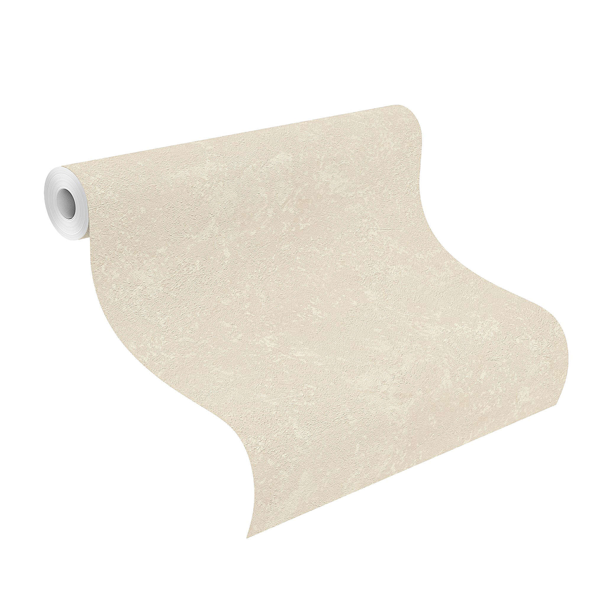 10-315110 Rolle abgerollt 1 Unrolled wallpaper roll with Beige non-woven wallpaper with a fine, irregular texture in an aged metal look – soft and full of character.