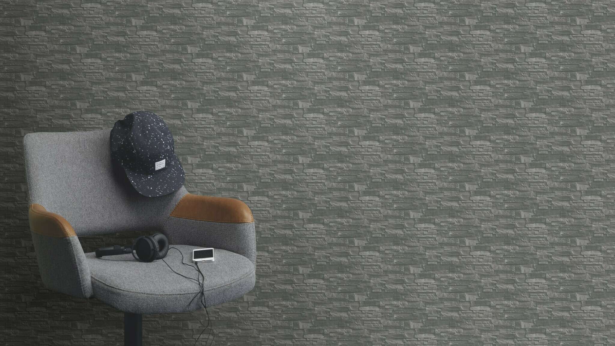 10-475029 Raumsituationen 4 Room with Realistic non-woven wallpaper in a slate stone look with a textured surface in shades of grey with a real 3D look