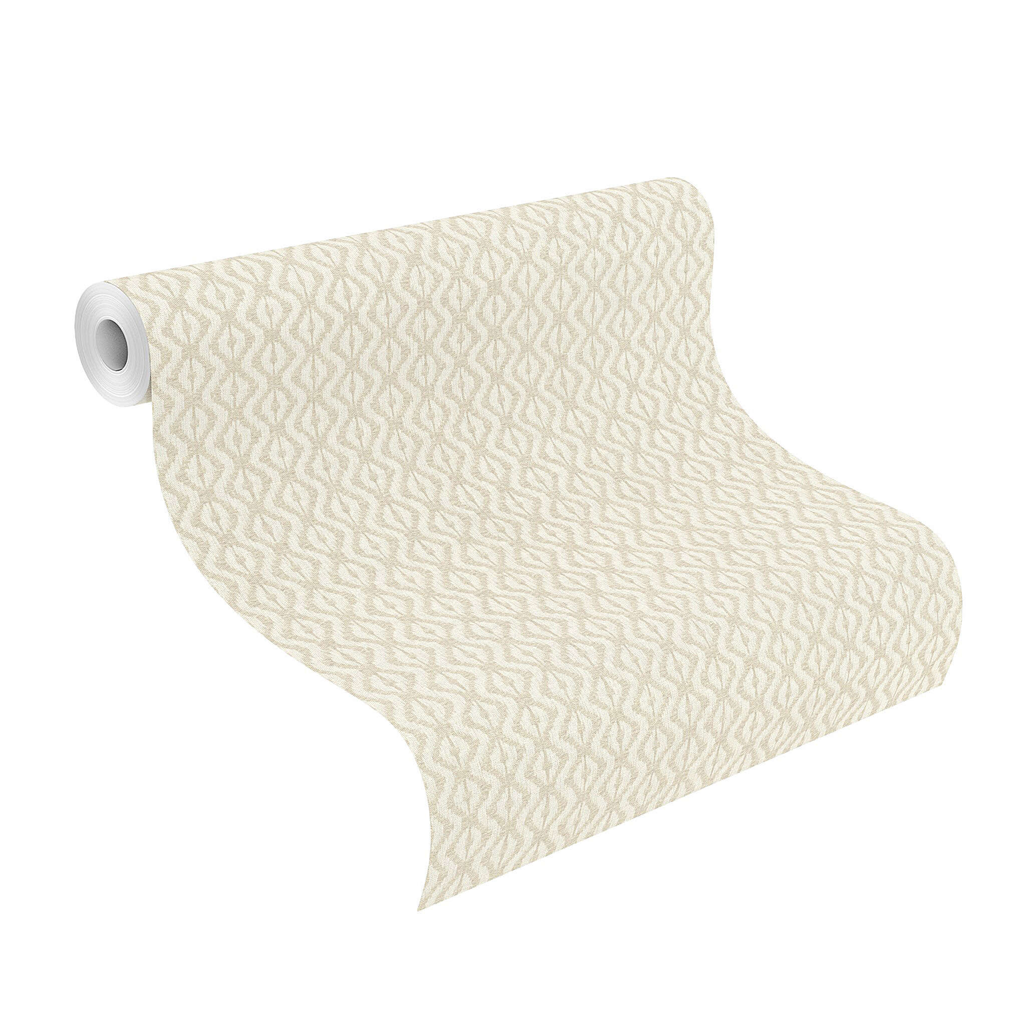 10-410655 Rolle abgerollt 1 Unrolled wallpaper roll with Non-woven wallpaper with a small diamond pattern in beige and white with a textile-like texture.