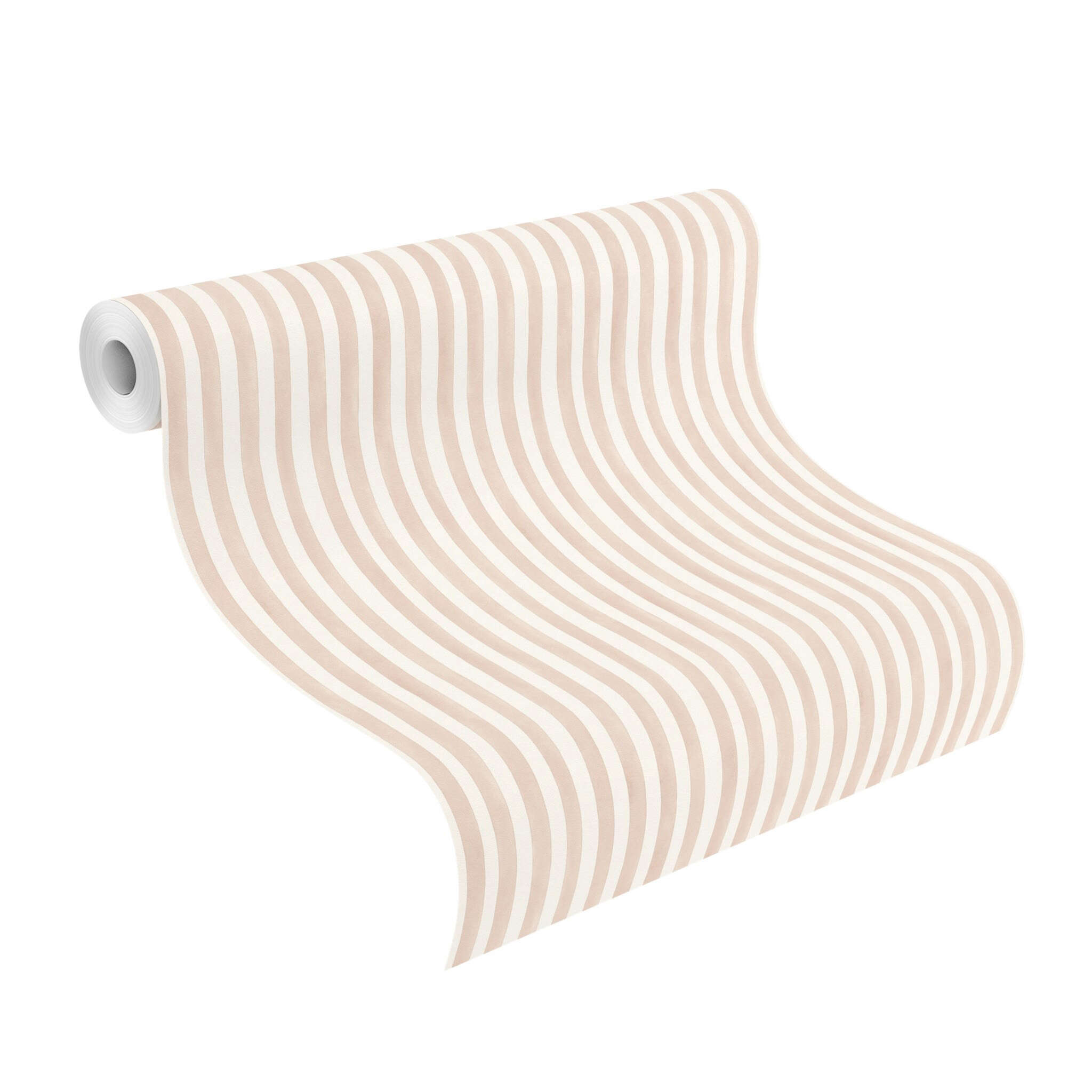 10-252774 Rolle abgerollt 1 Unrolled wallpaper roll with Striped wallpaper in apricot on a light background, ideal for a warm living atmosphere