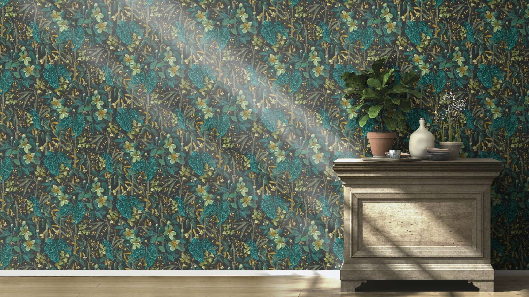 10-538243 Raumsituationen 1 Room with Leaf wallpaper with flowers and plants