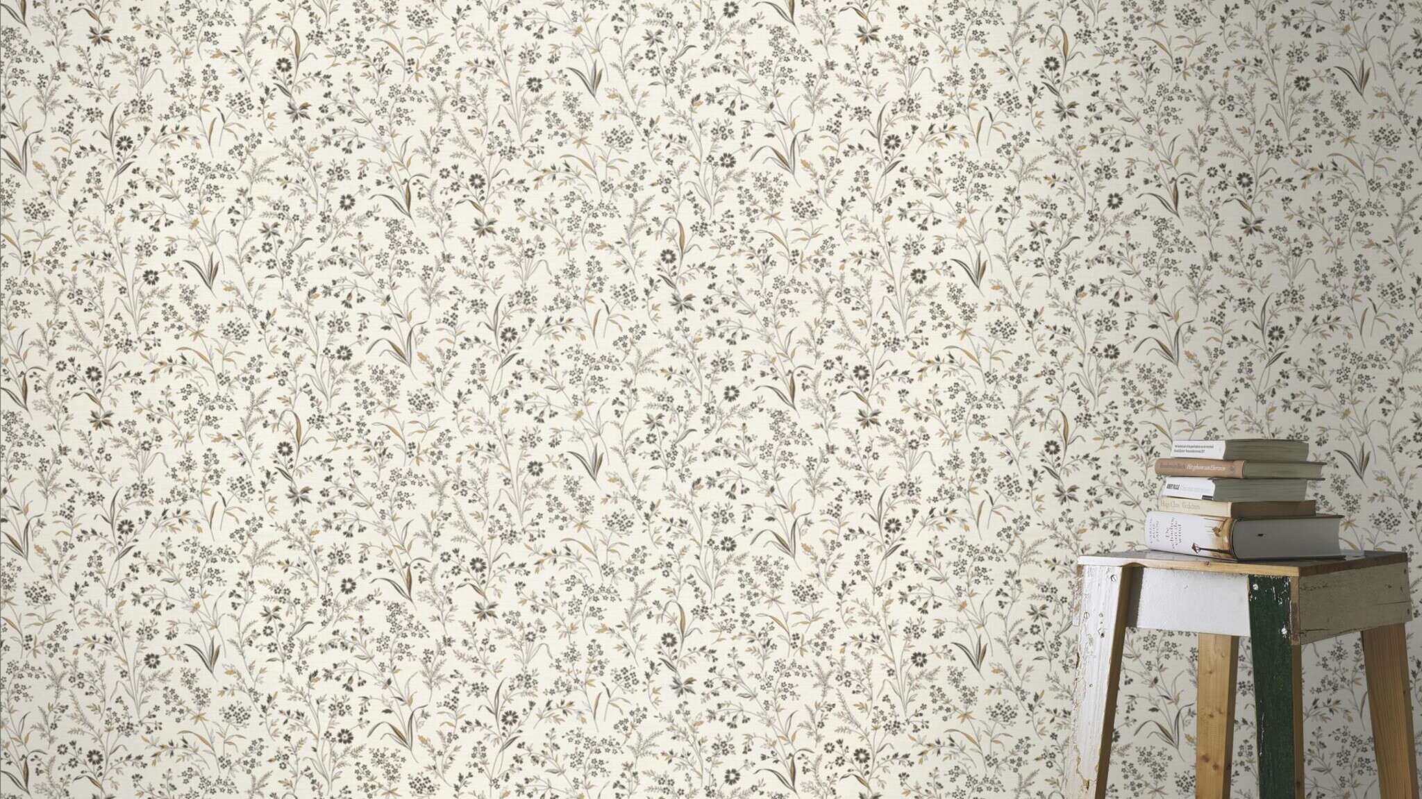 10-869408 Raumsituationen 1 Room with Wallpaper with hand-painted flowers, leaves and grasses