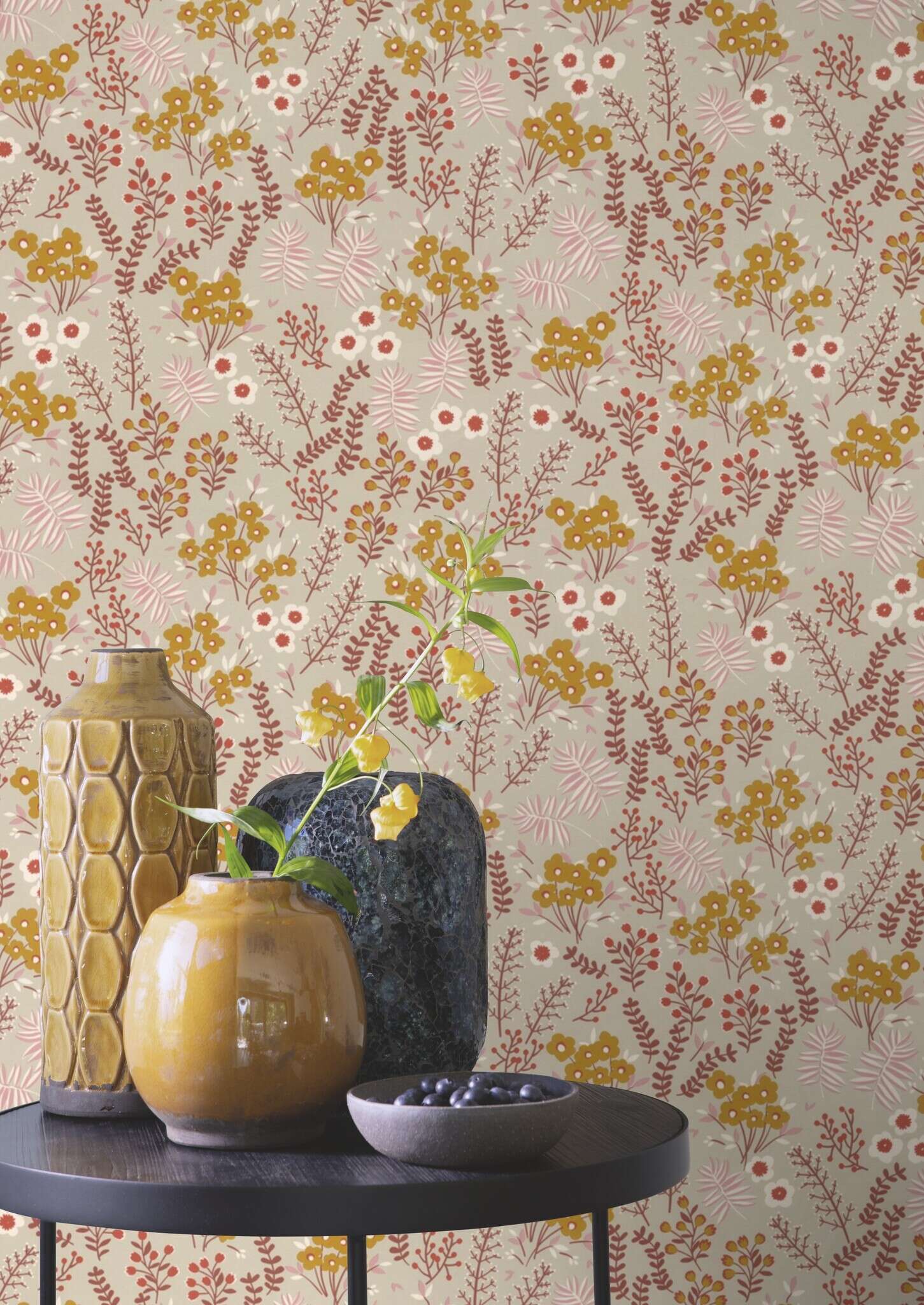 Tapete Blumen in Gelb, Grau und Rot - 793819