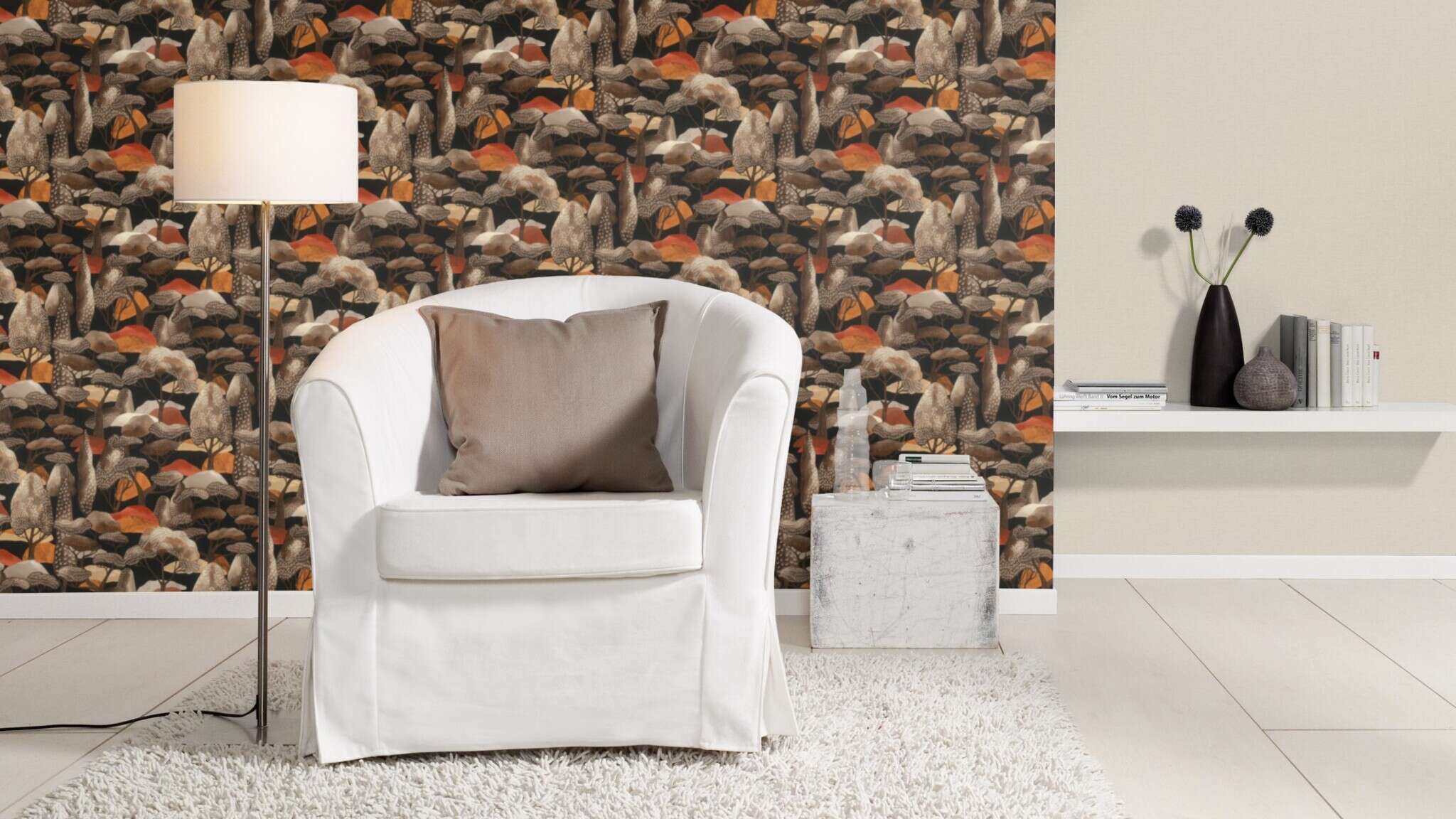 10-581225 Raumsituationen 2 Une chambre avec Papier peint avec paysage arboré stylisé et texture légère