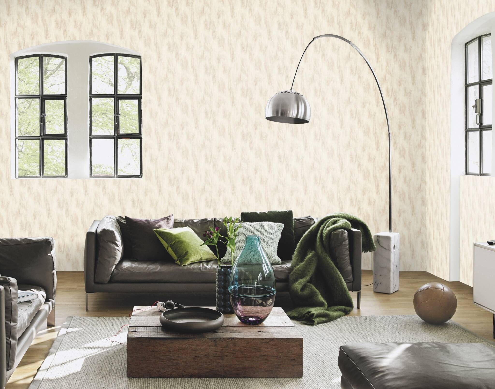 10-486247 Raumsituationen 3 Room with Wallpaper with shadowy leaves and a textile texture