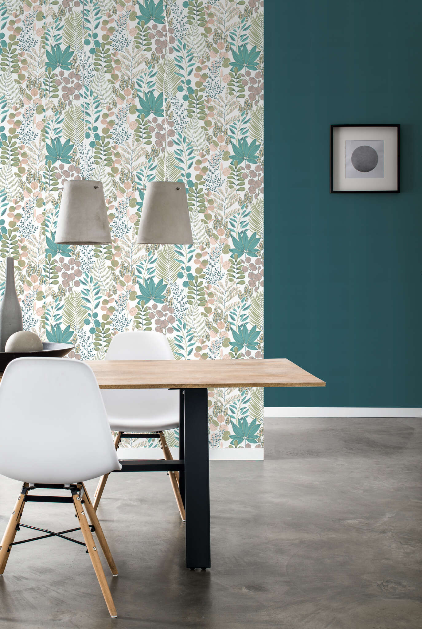 10-465310 Raumbilder 1 Room with Floral-style illustration with delicate leaves in green, blue, mauve and pink – charming, playful and stylish.