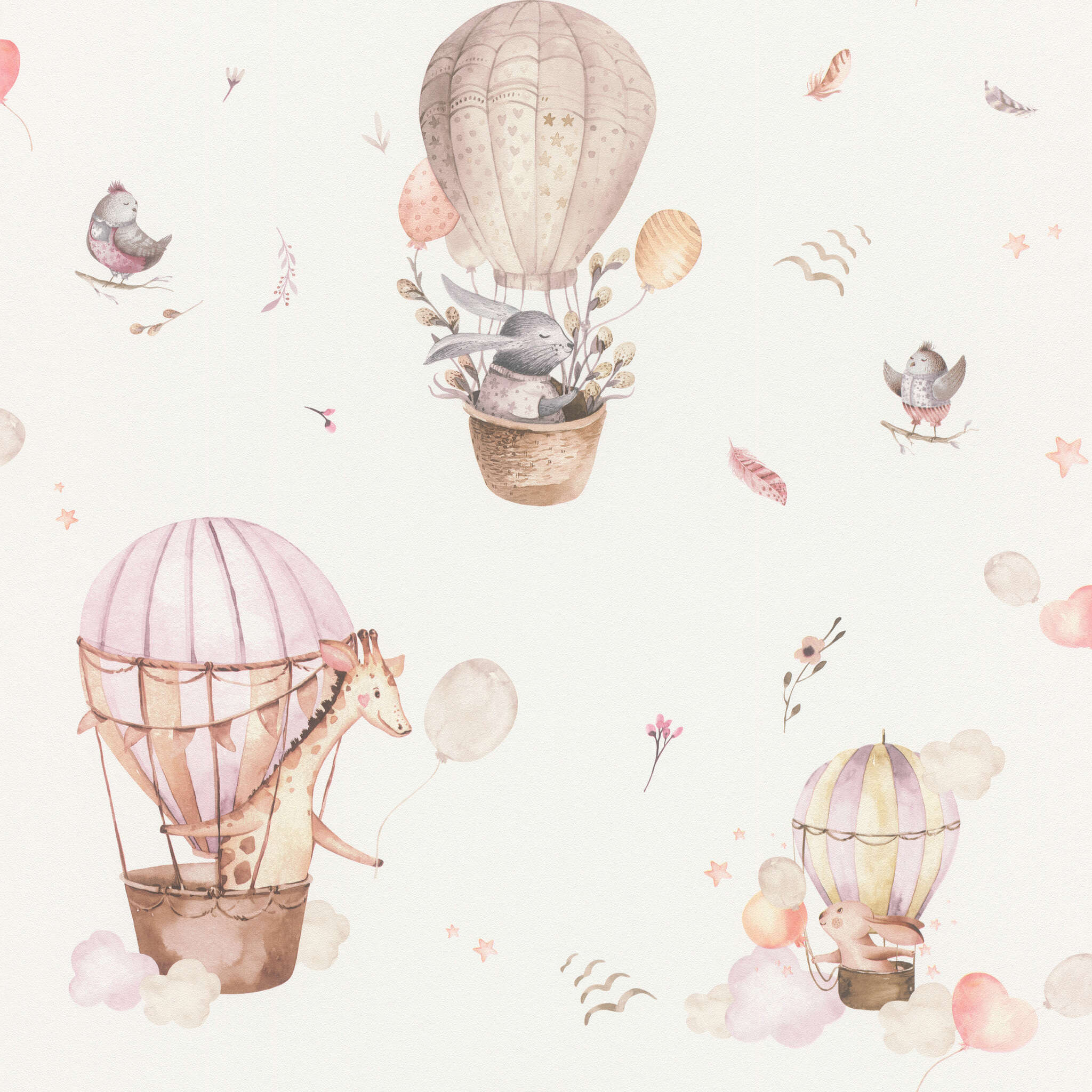 10-300529 Artikelscan 1 Enchanting children's wallpaper with hot air balloons and animal motifs in shades of pink for a lovely wall design