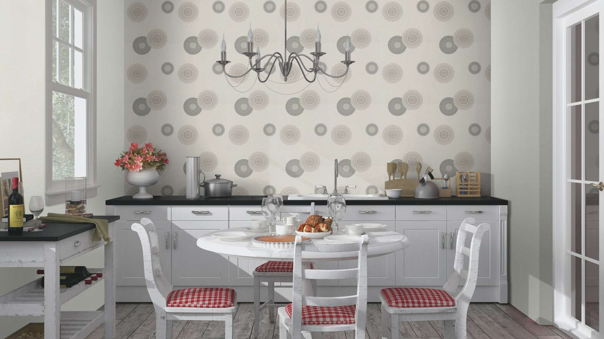 10-808810 Raumsituationen 1 Room with Wallpaper with stylised flowers and textile texture
