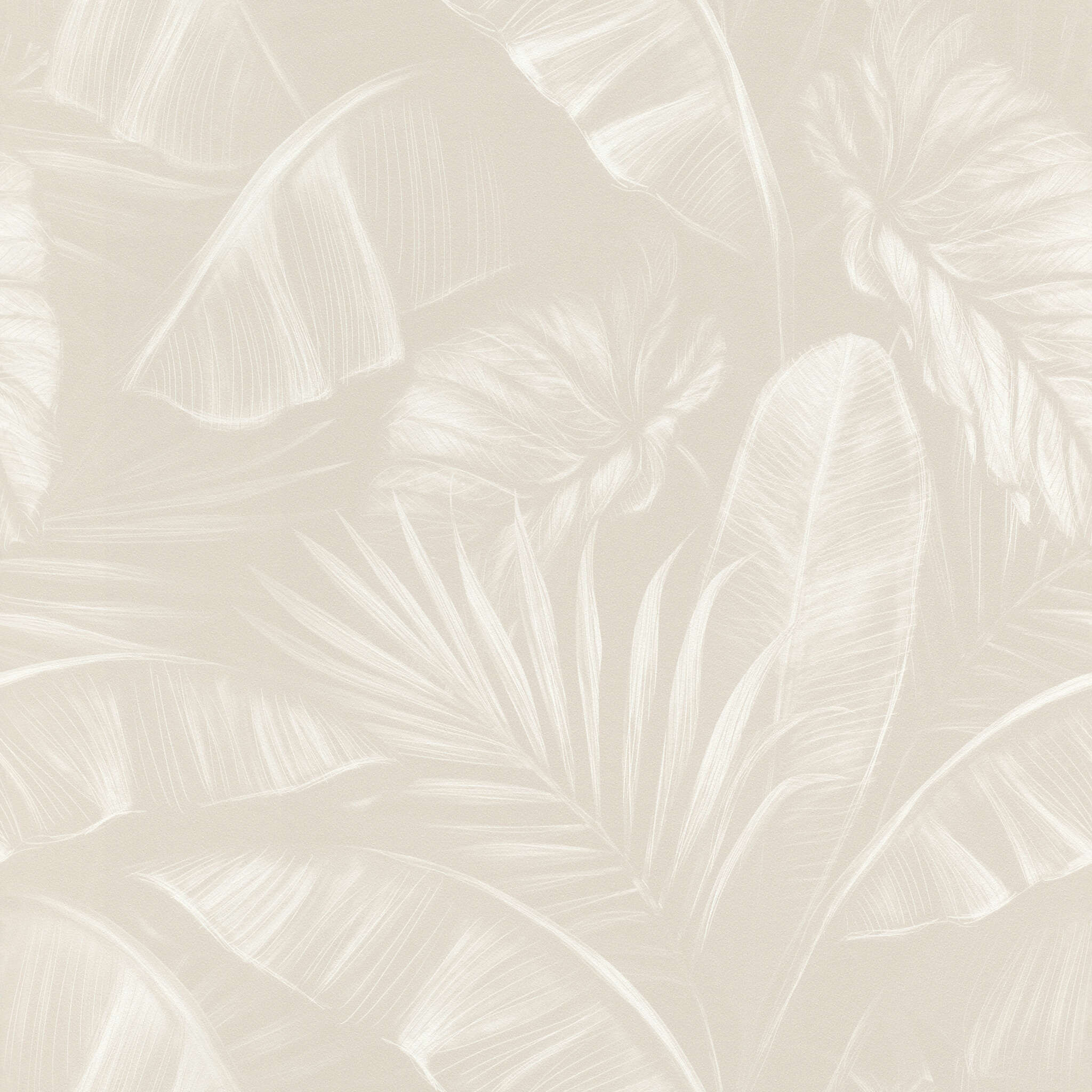 10-286595 Artikelscan 1 Dezente Tropen-Tapete mit stilisierten Palmenblättern in Ton-in-Ton Beige