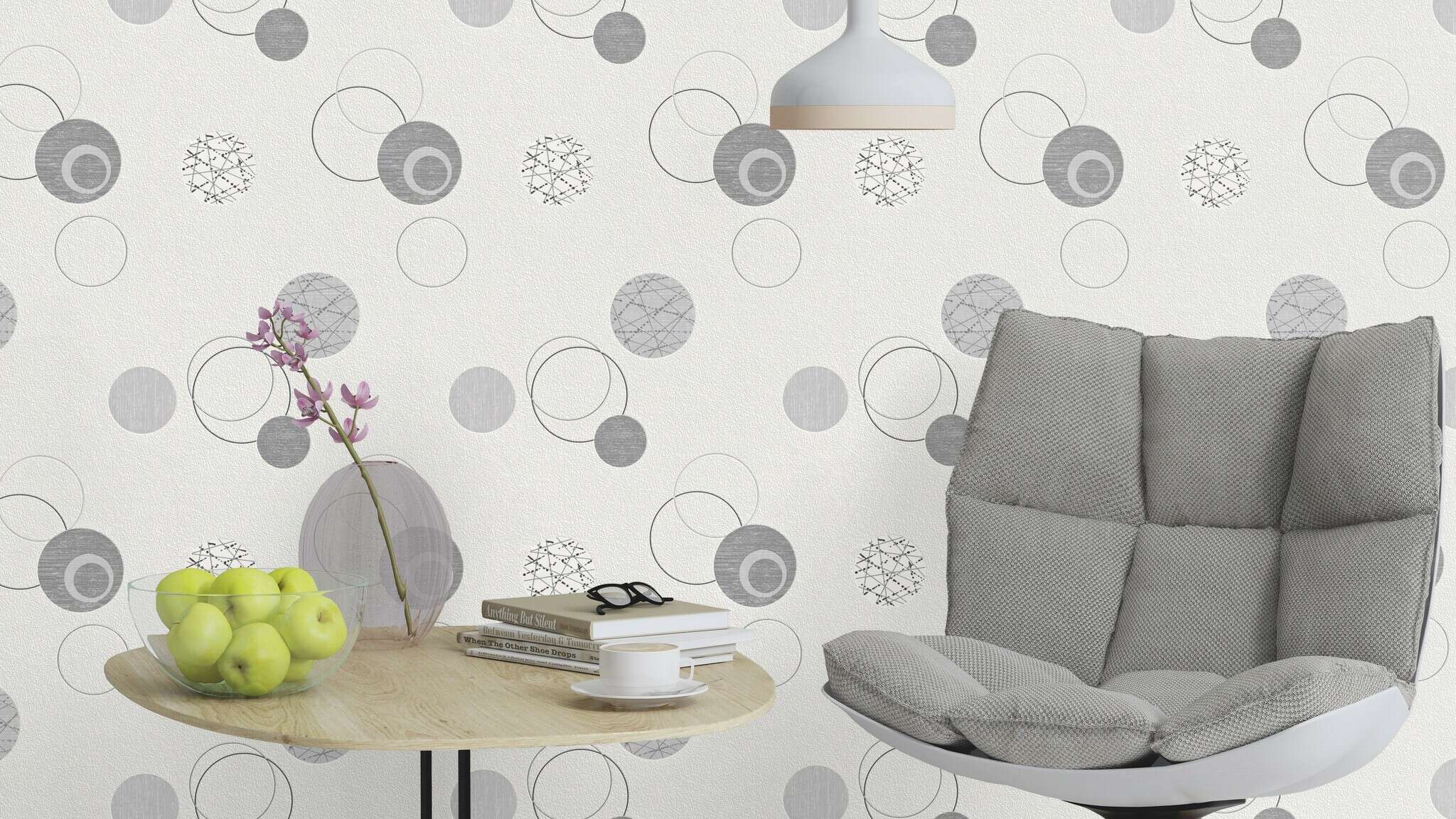 10-475906 Raumsituationen 3 Une chambre avec Motif graphique à pois gris, anthracite et argent sur fond blanc