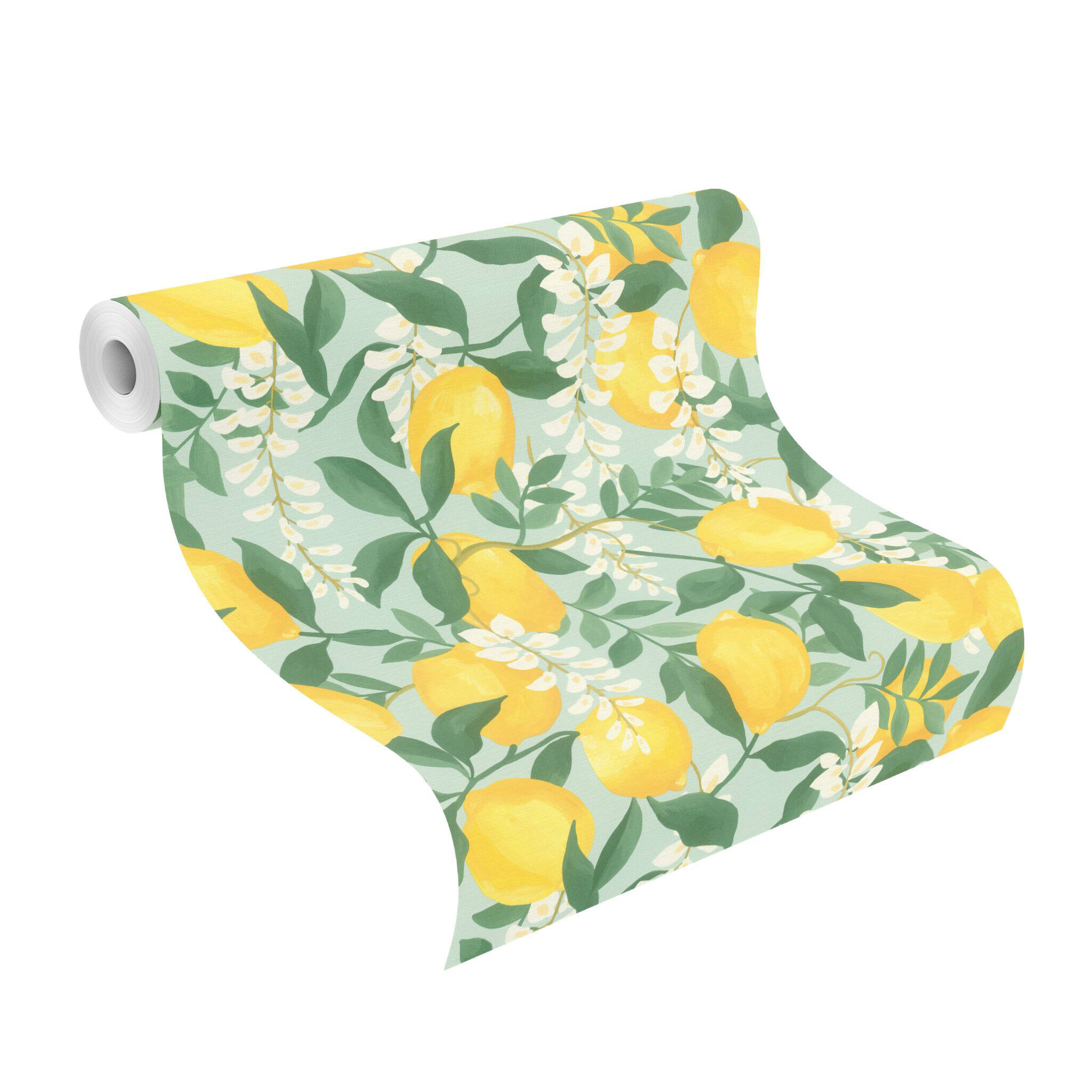 10-371215 Rolle abgerollt 1 Self-adhesive wallpaper Portofino 371215 - lemon motif in yellow, green and white