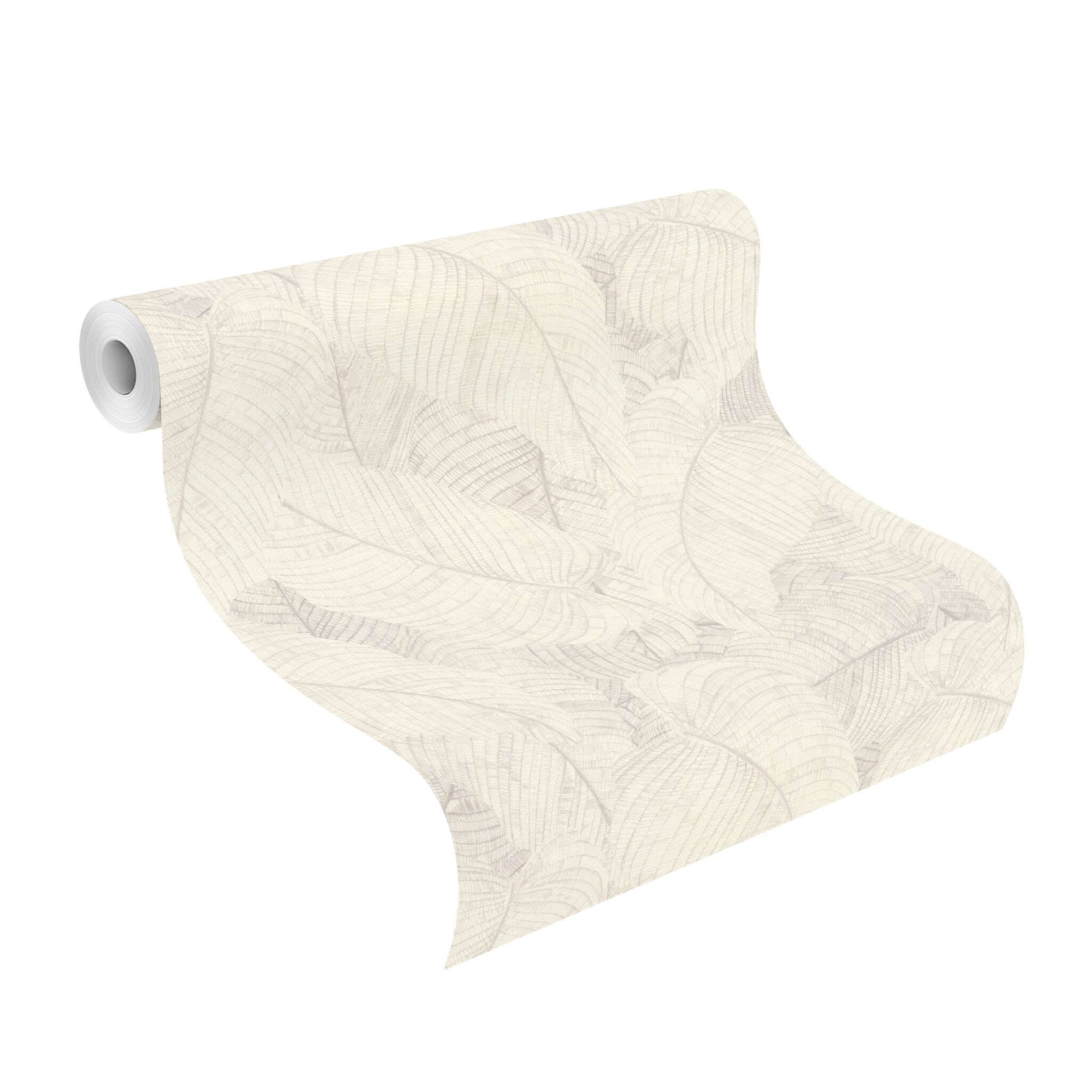 10-720525 Rolle abgerollt 1 Unrolled wallpaper roll with Large, overlapping, cream-white leaves in a drawn look with a pearlescent shimmer