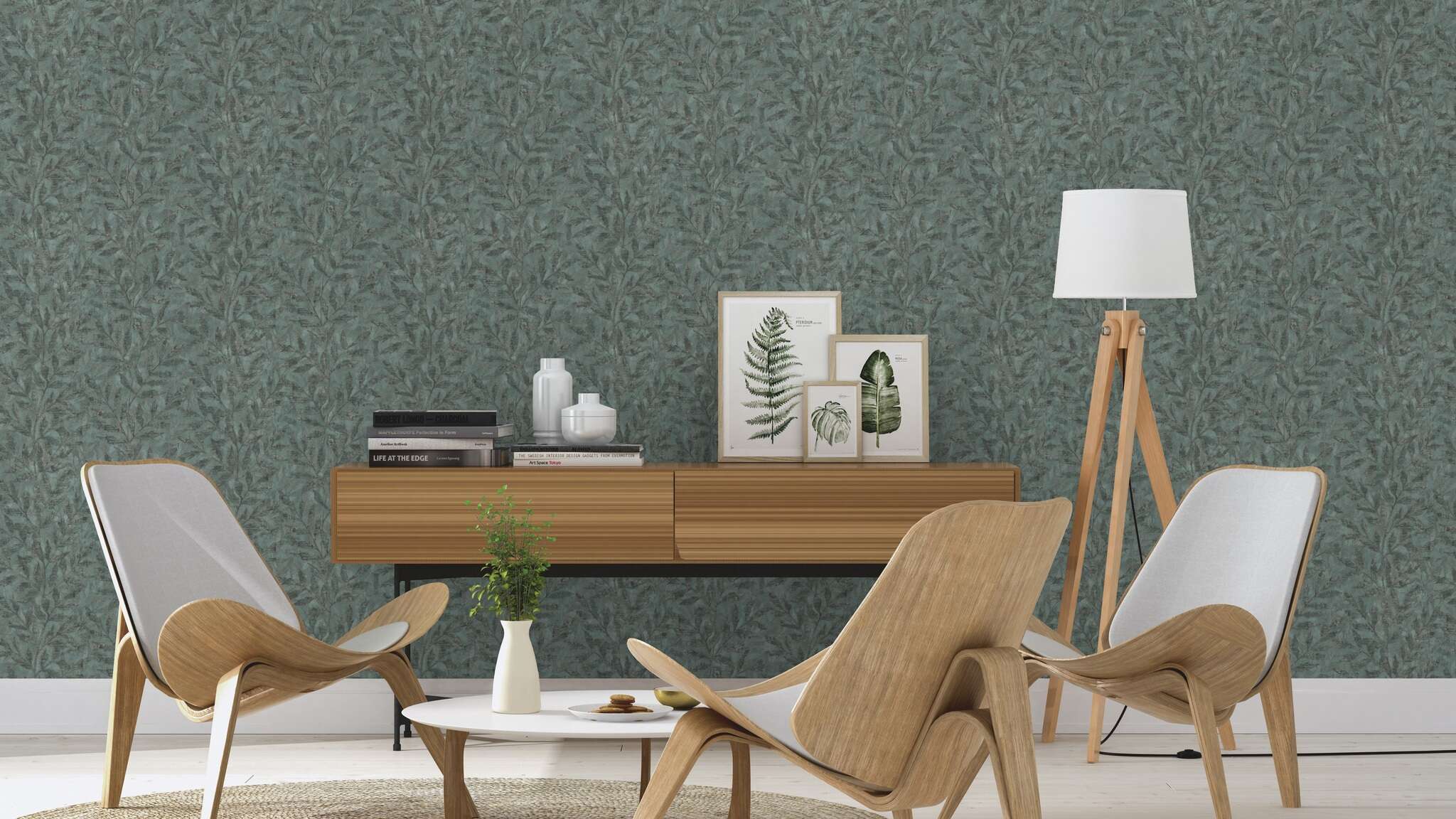 10-315042 Raumsituationen 3 Room with Eye-catching wallpaper with shiny leaf embossing in bold petrol blue – modern, expressive and full of character.