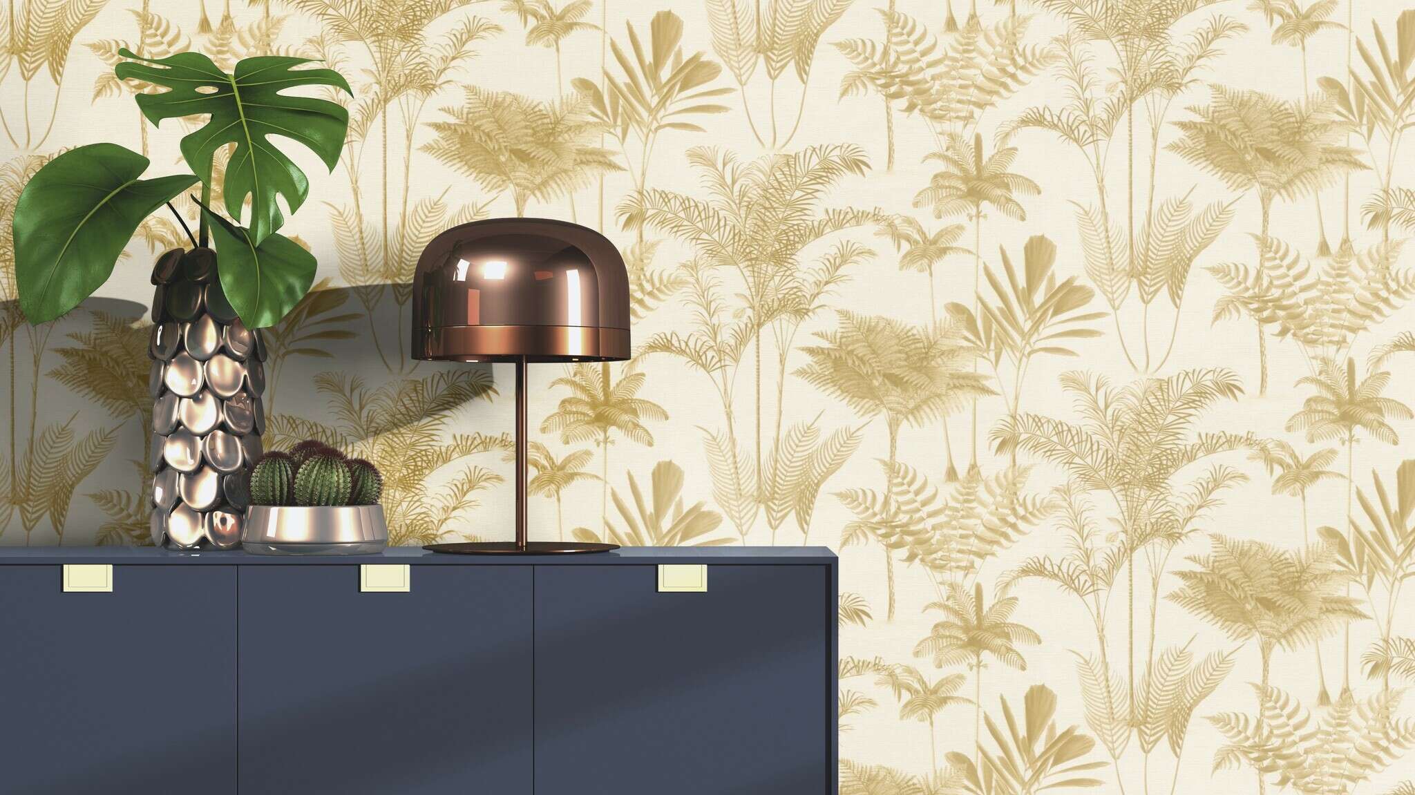 10-555158 Raumsituationen 2 Room with Palm wallpaper with exotic leaves in a vintage look and plaster texture