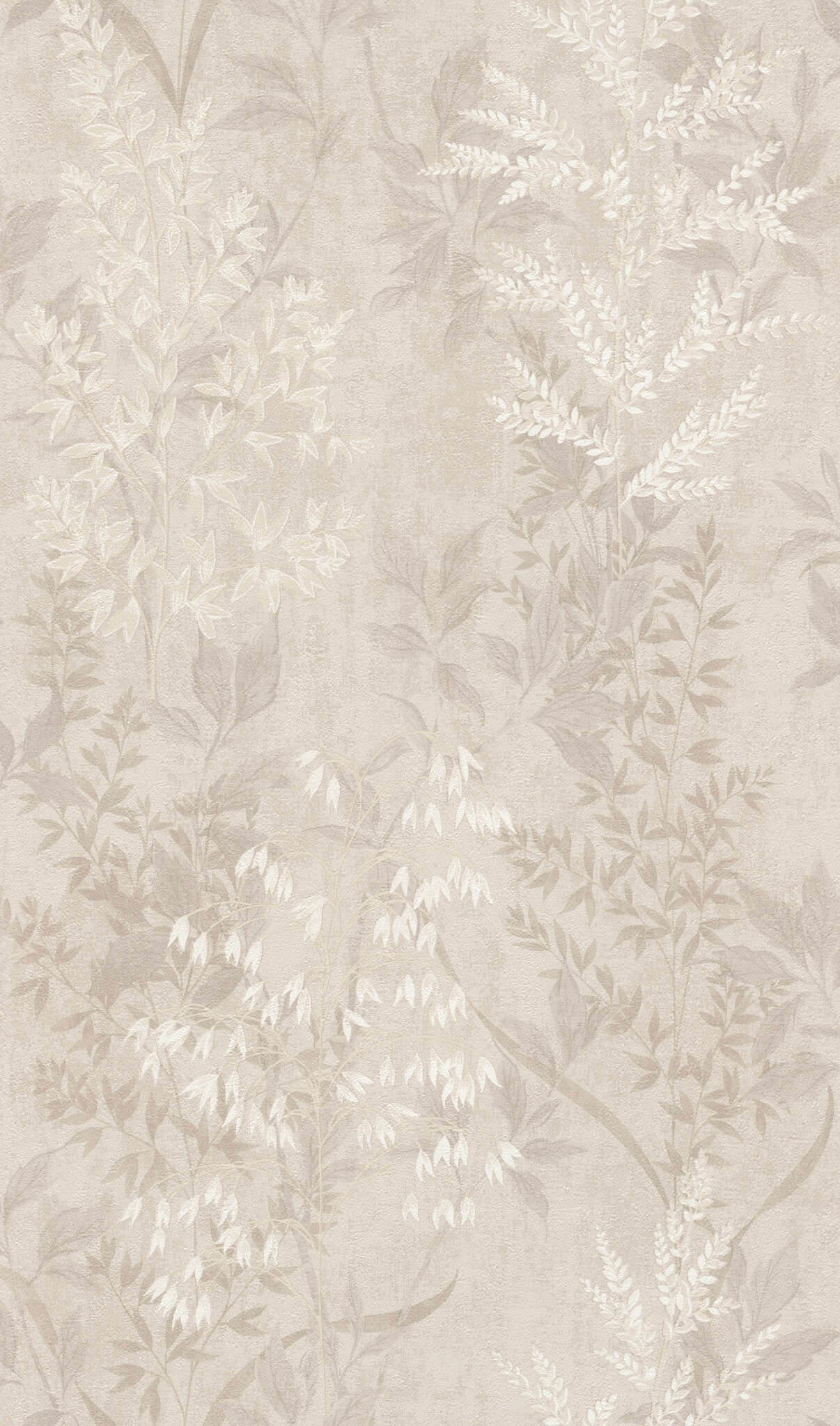 10-285000 Artikelscan 1 Papier peint discret avec des feuilles légèrement brillantes et des éléments floraux dans des tons beiges assortis.