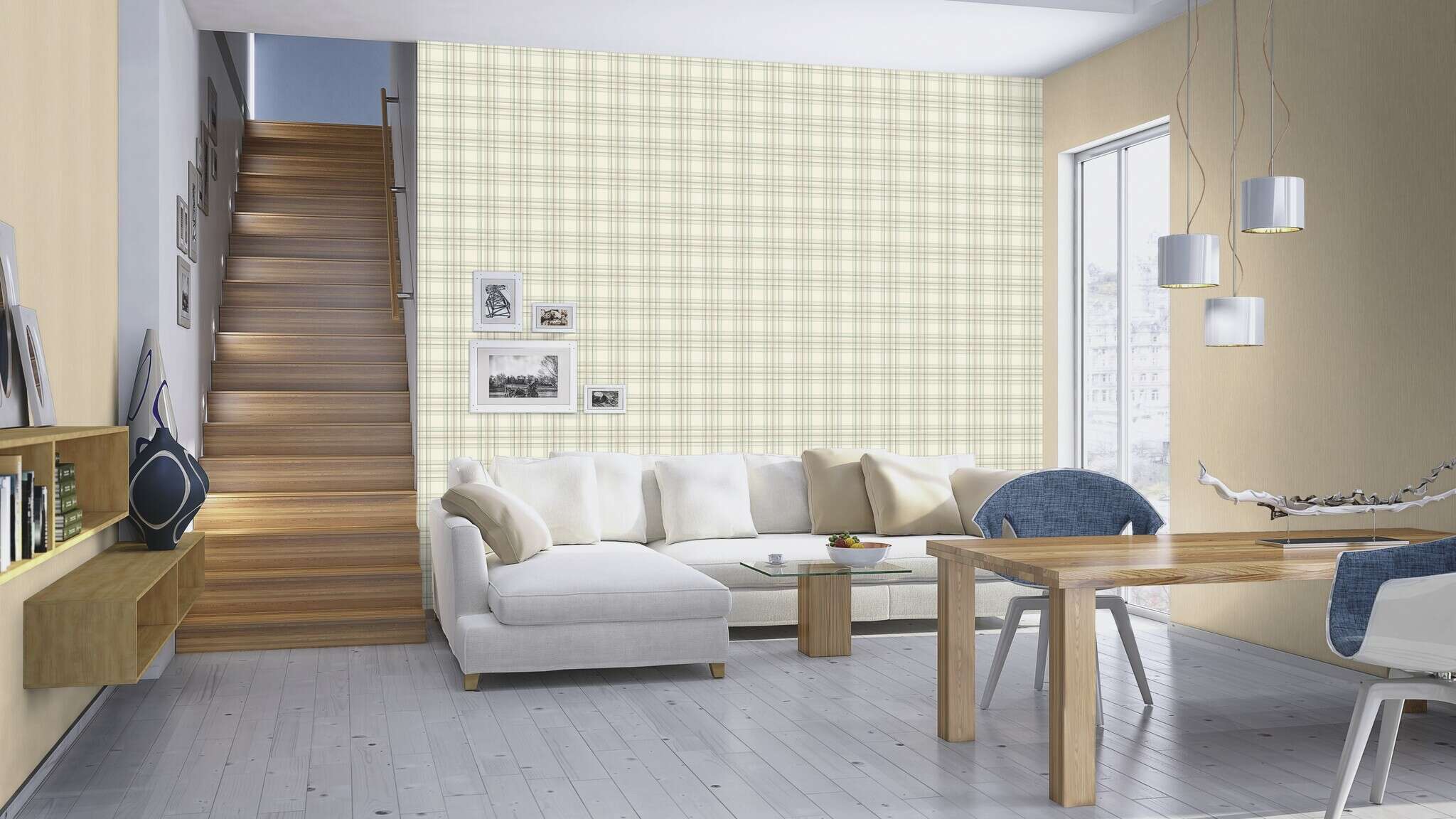 10-537437 Raumsituationen 2 Une chambre avec Papier peint à motif tartan