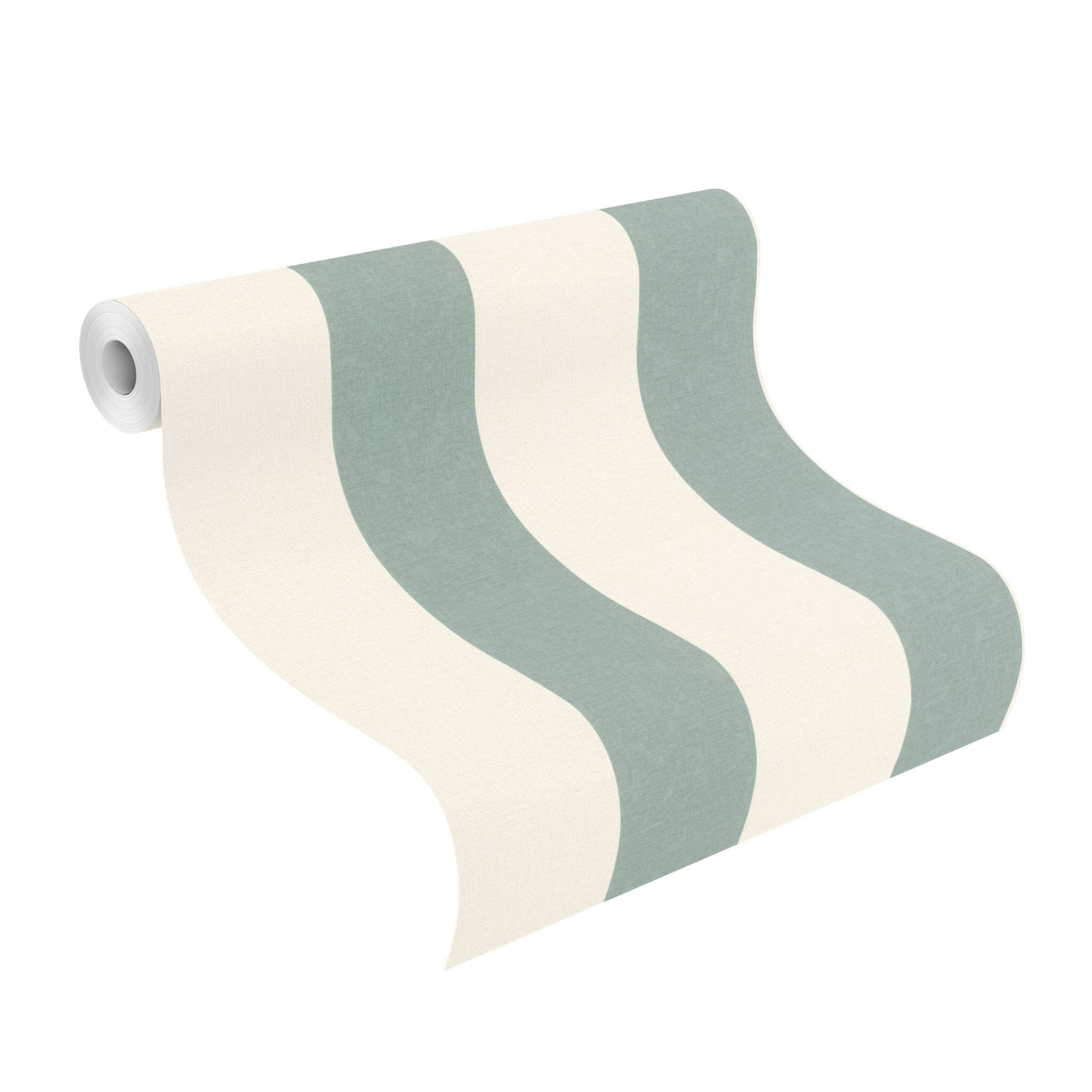 10-485448 Rolle abgerollt 1 Unrolled wallpaper roll with Wallpaper with block stripes and linen texture