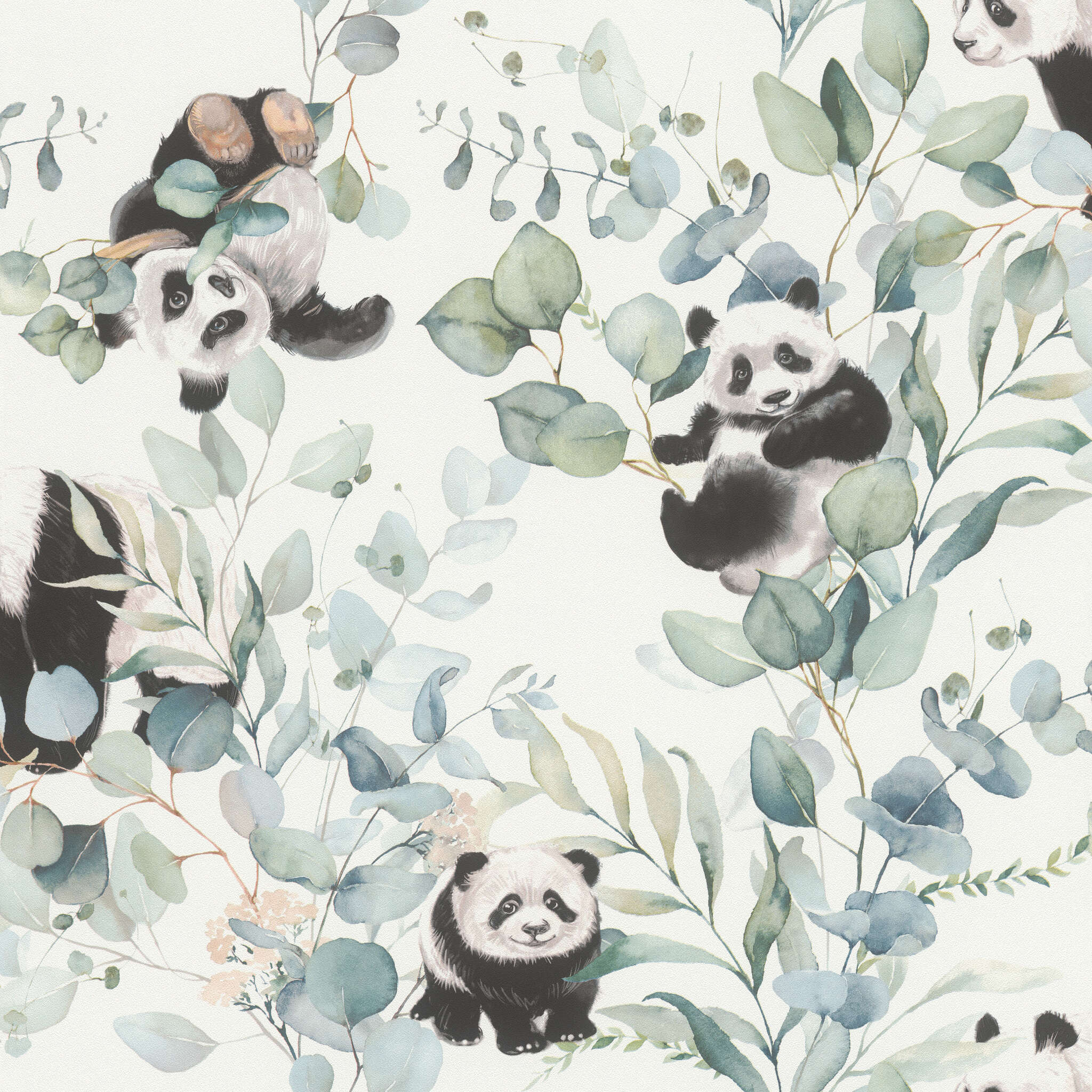 10-301199 Artikelscan 1 Tapete mit fröhlichen Pandas zwischen Blättern und Ästen in Aquarelloptik für das Kinderzimmer