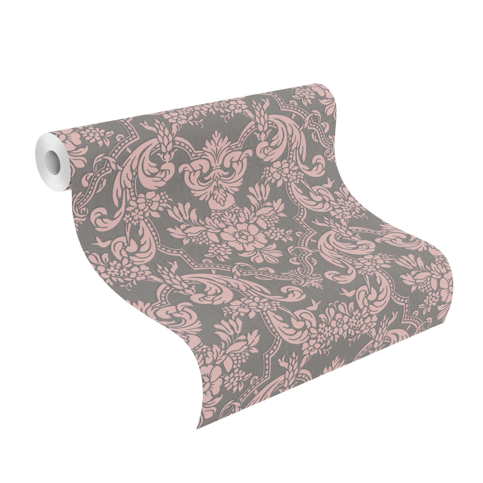 10-570649 Rolle abgerollt 1 Unrolled wallpaper roll with Pink ornaments on graphite-coloured fabric in 3D look