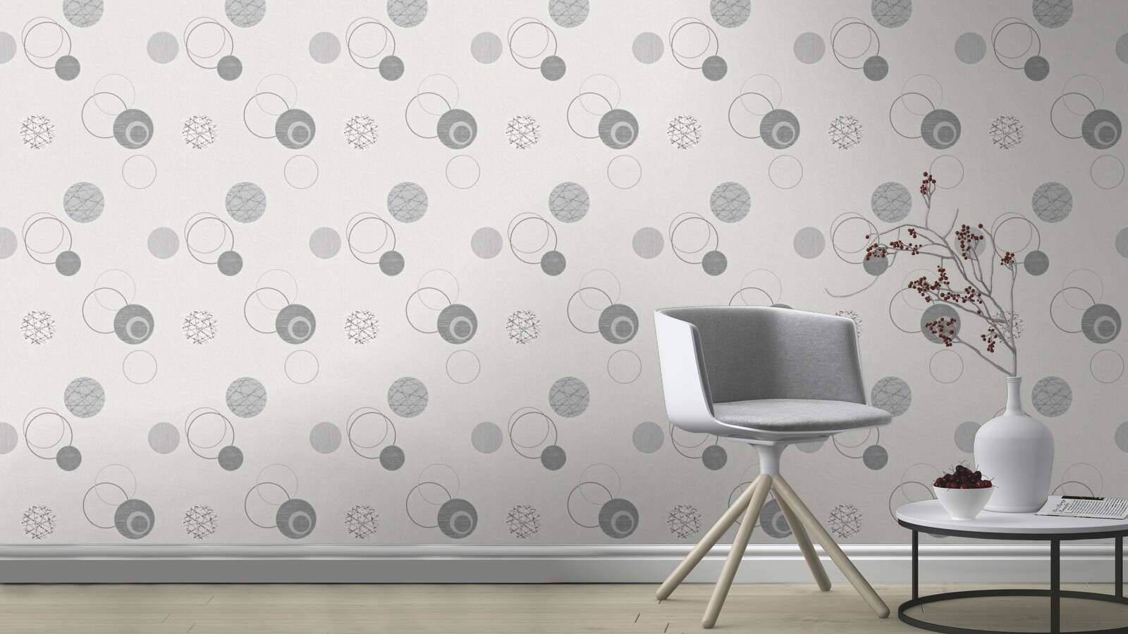 10-475906 Raumsituationen 1 Une chambre avec Motif graphique à pois gris, anthracite et argent sur fond blanc