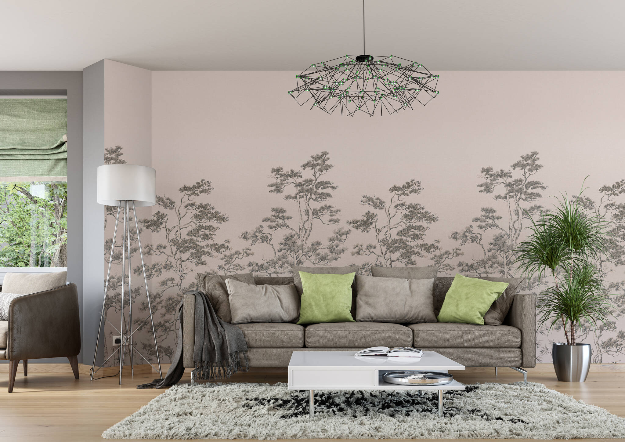 Wohnzimmer mit Wandbild - Feingezeichnete Baumkrone in in Beige-braun erzeugen eine dezente Abend-Stimmung