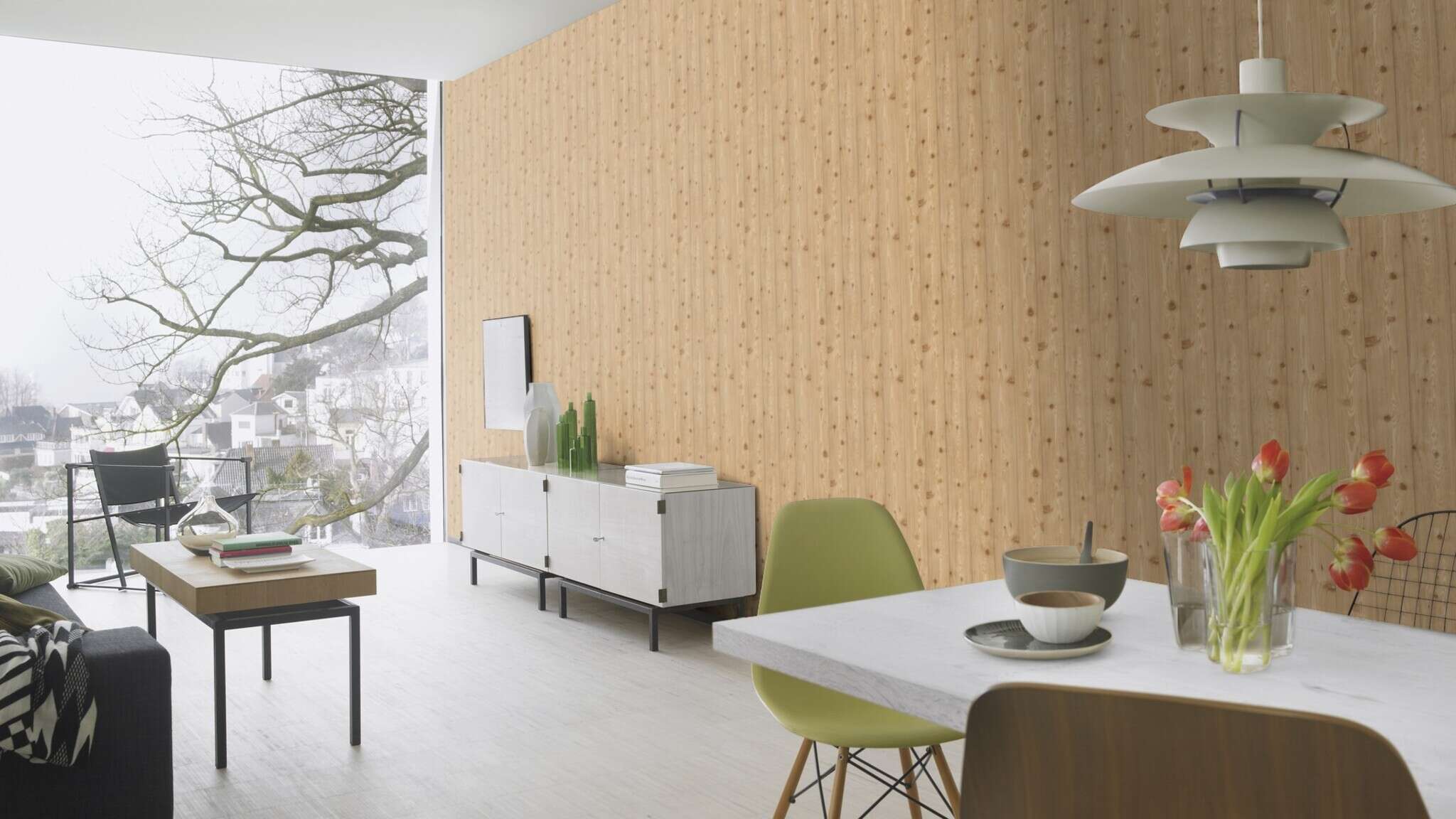 10-869514 Raumsituationen 2 Room with Wallpaper with wooden planks