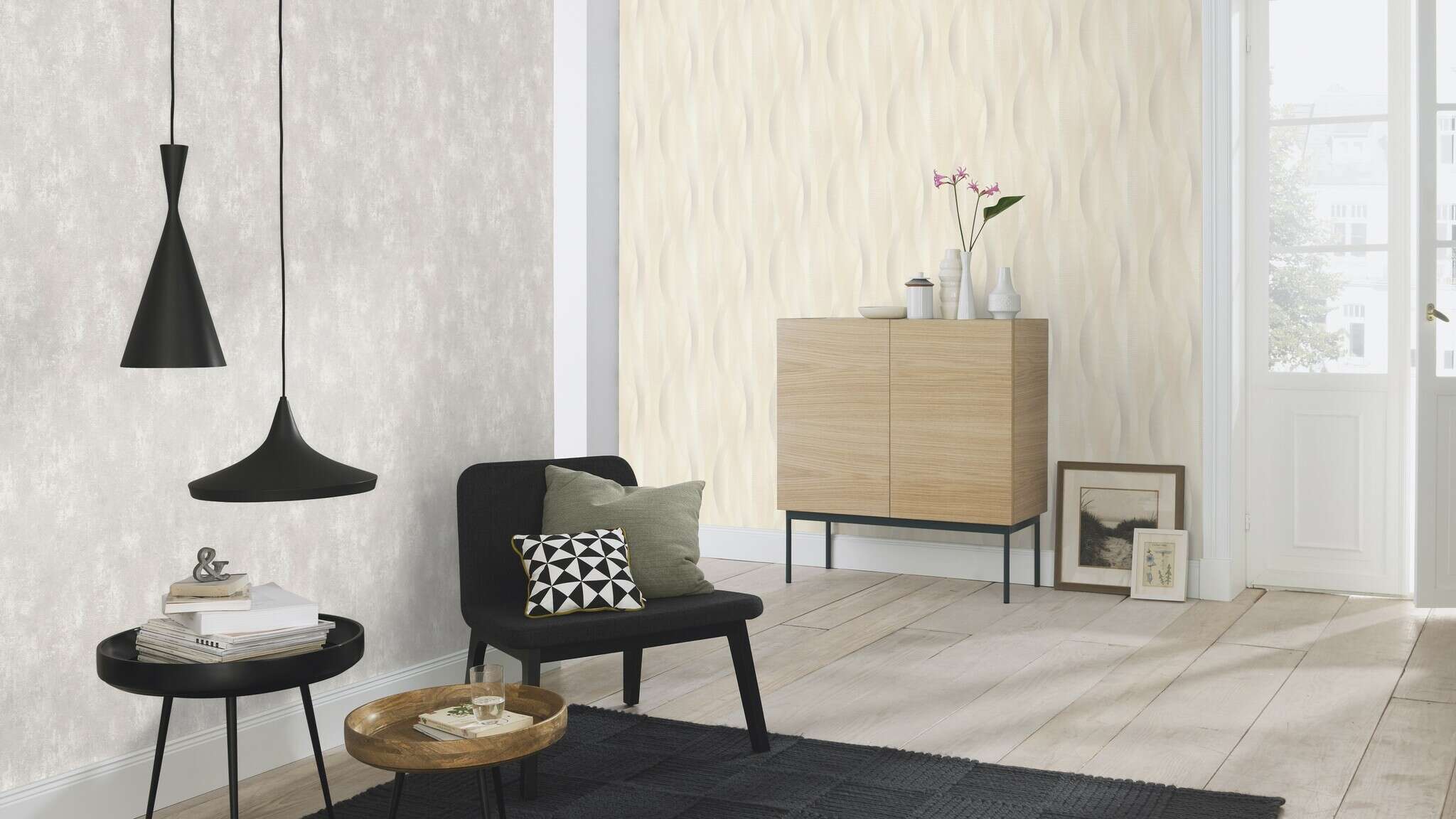 10-651515 Raumsituationen 1 Room with Wallpaper with waves and sweeping colour gradients