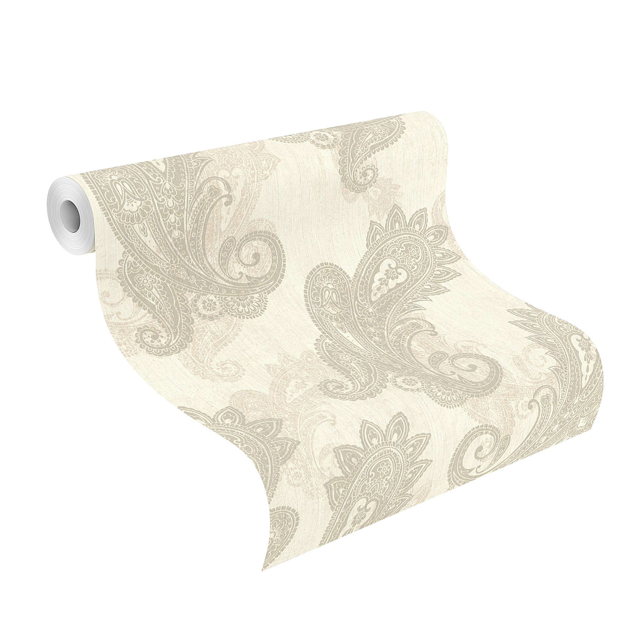 10-746419 Rolle abgerollt 1 Unrolled wallpaper roll with Oriental wallpaper with paisley-style ornaments