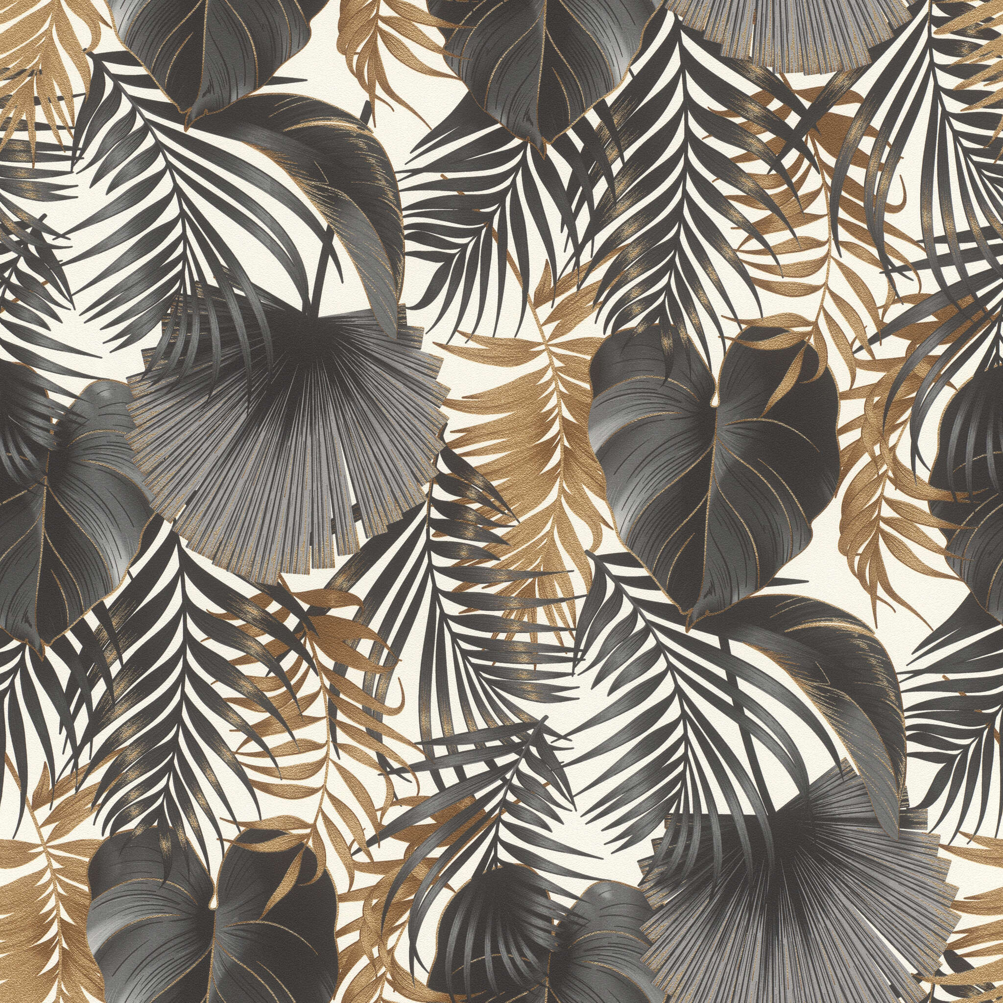 10-462050 Artikelscan 1 Elegant jungle motif with gold and anthracite-coloured leaves on a light background