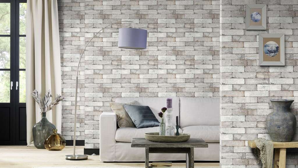 10-446302 Raumsituationen 4 Room with Grey non-woven wallpaper with realistic brick pattern in a vintage look.