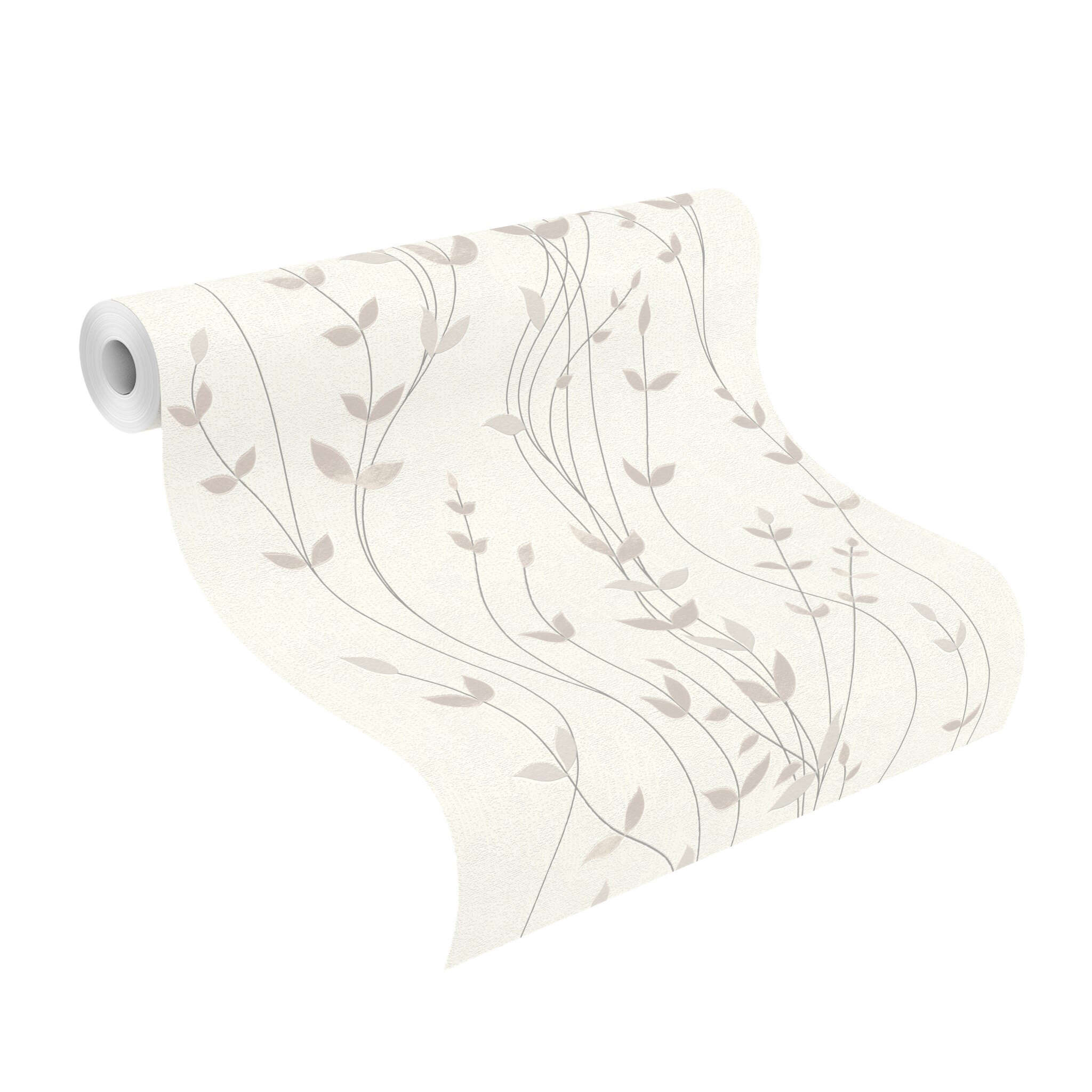 10-416022 Rolle abgerollt 1 Unrolled wallpaper roll with Non-woven wallpaper with a fine, curved tendril pattern in beige on a light background.