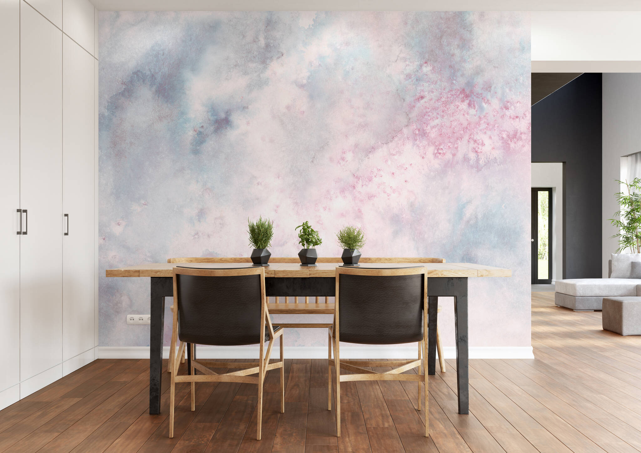Esszimmer mit Wandbild - Wolkiges Aquarell in weiß, blau und rosé mit spannenden Farbverläufen 