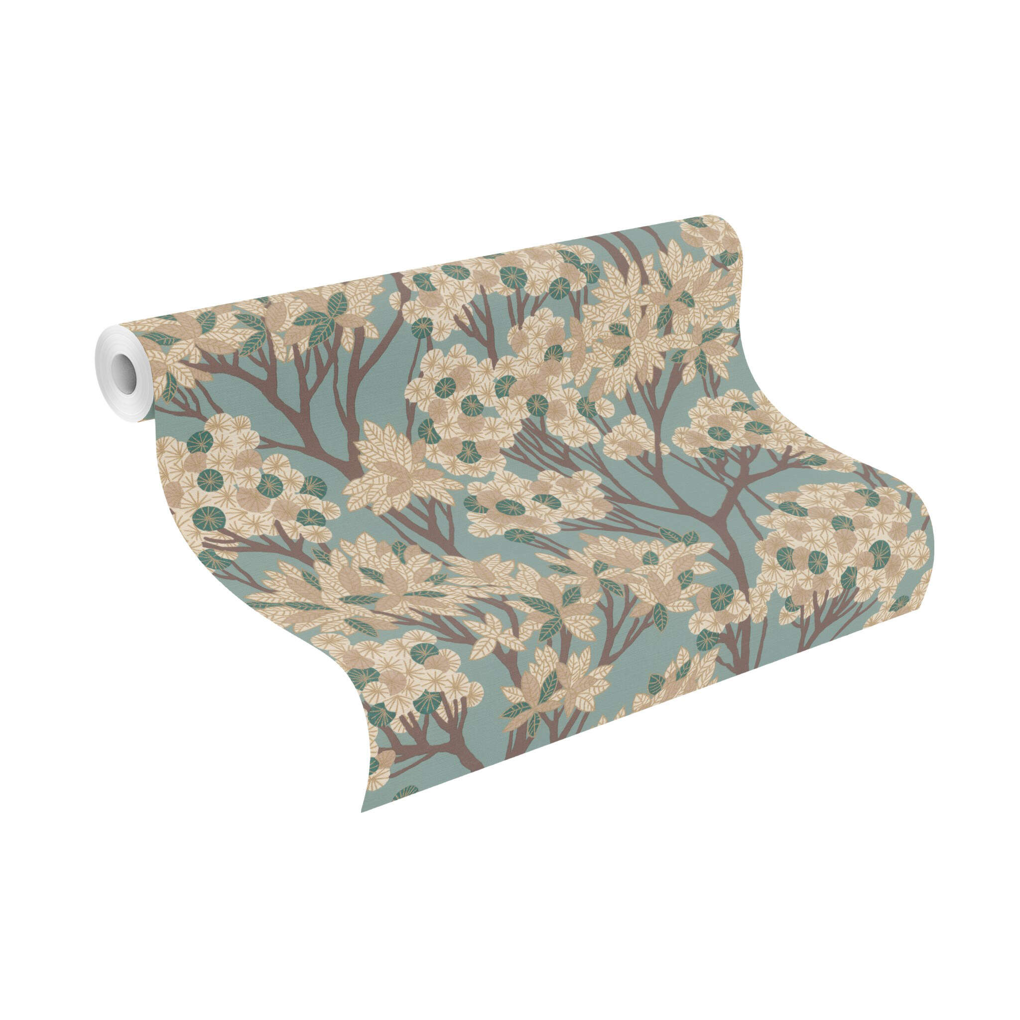 10-580013 Rolle abgerollt 1 Unrolled wallpaper roll with Wallpaper with imaginative trees and linen texture
