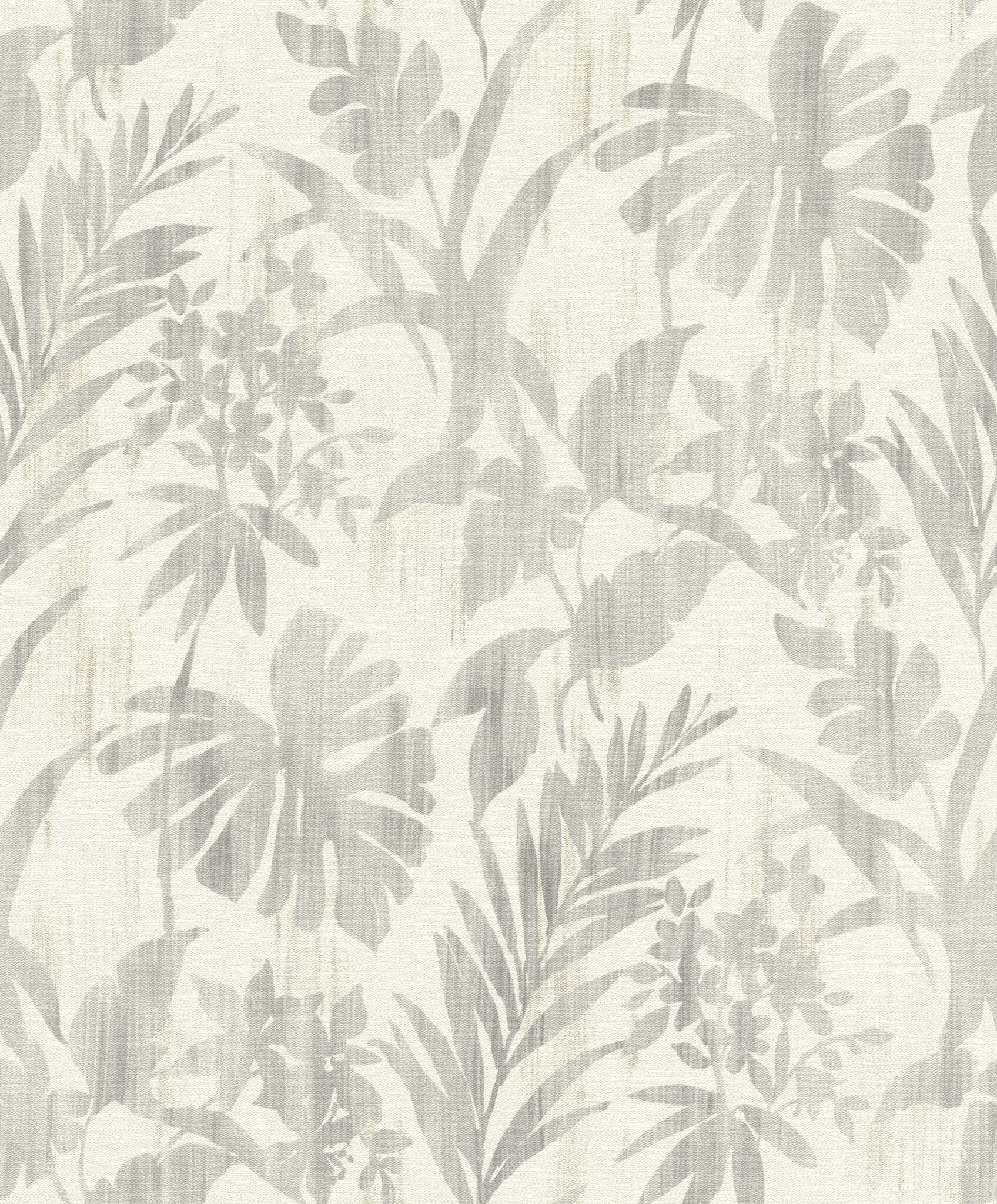 10-410556 Artikelscan 1 Papier peint intissé avec motif de feuilles tropicales dans différentes nuances de gris sur un fond clair.