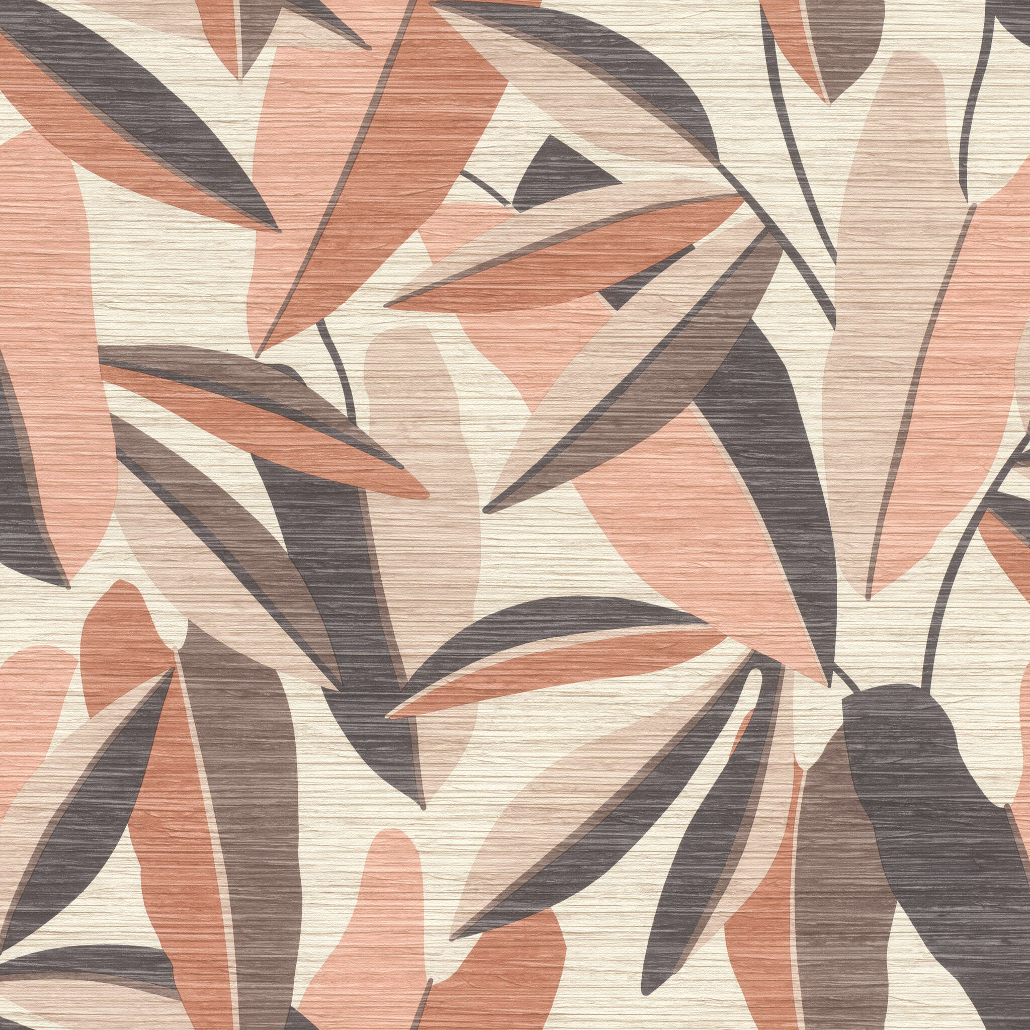 10-866353 Artikelscan 1 Stylish drawings of oversized leaves in beige, red and brown on a beige-brown background with horizontal wood grain