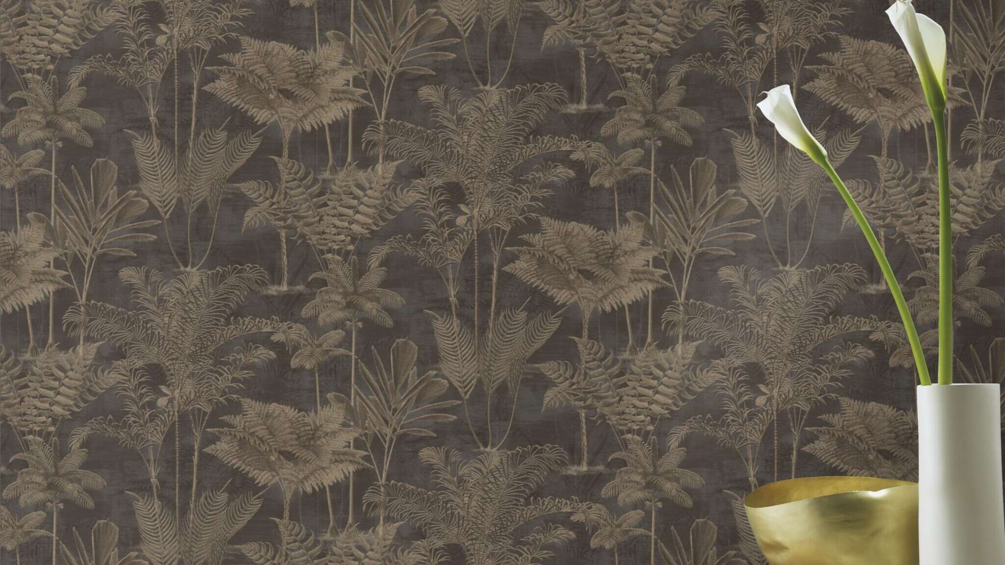10-555165 Raumsituationen 2 Room with Palm wallpaper with exotic leaves in a vintage look and plaster texture