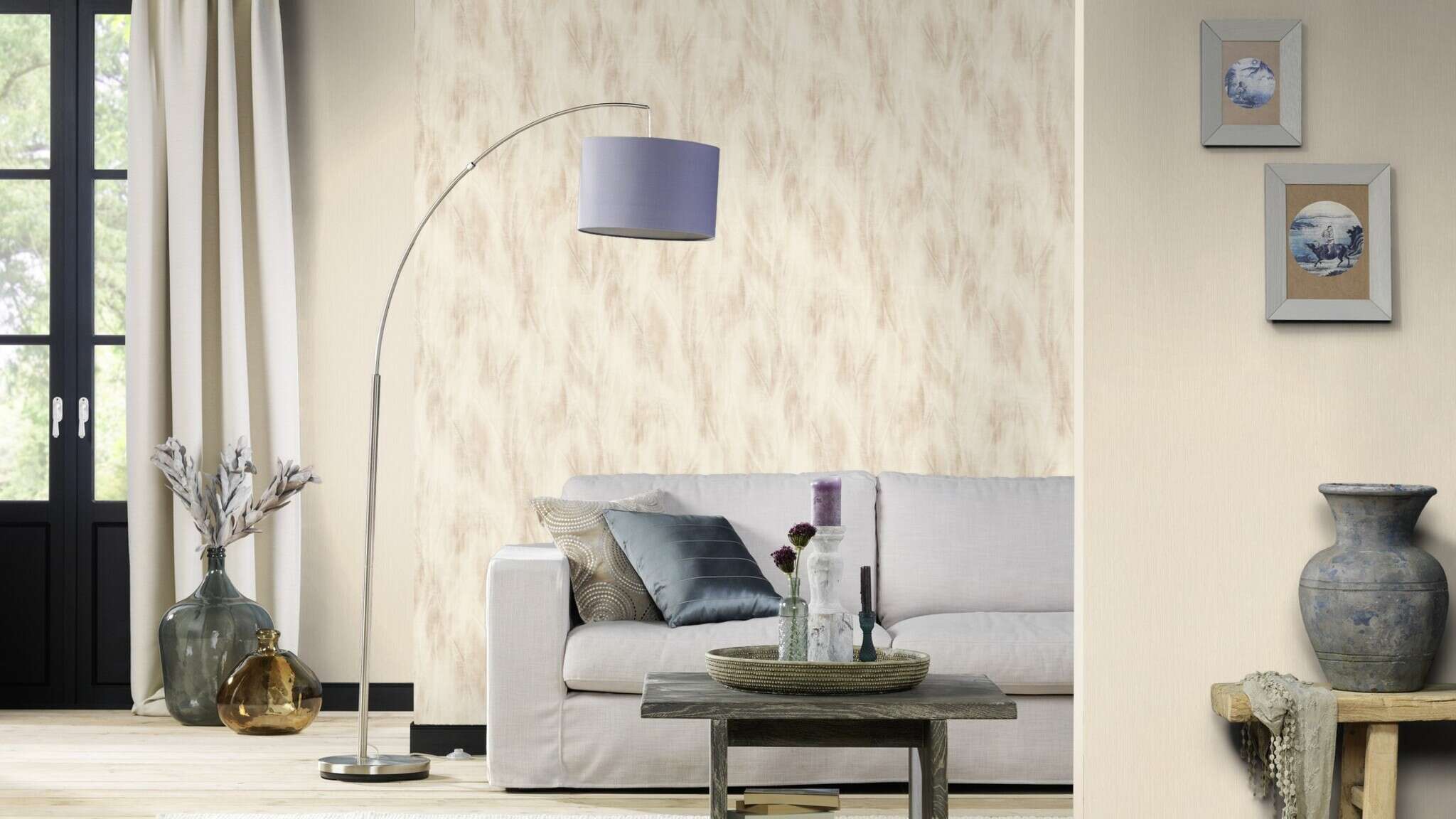 10-486247 Raumsituationen 2 Une chambre avec Papier peint avec des feuilles ombragées et une texture textile