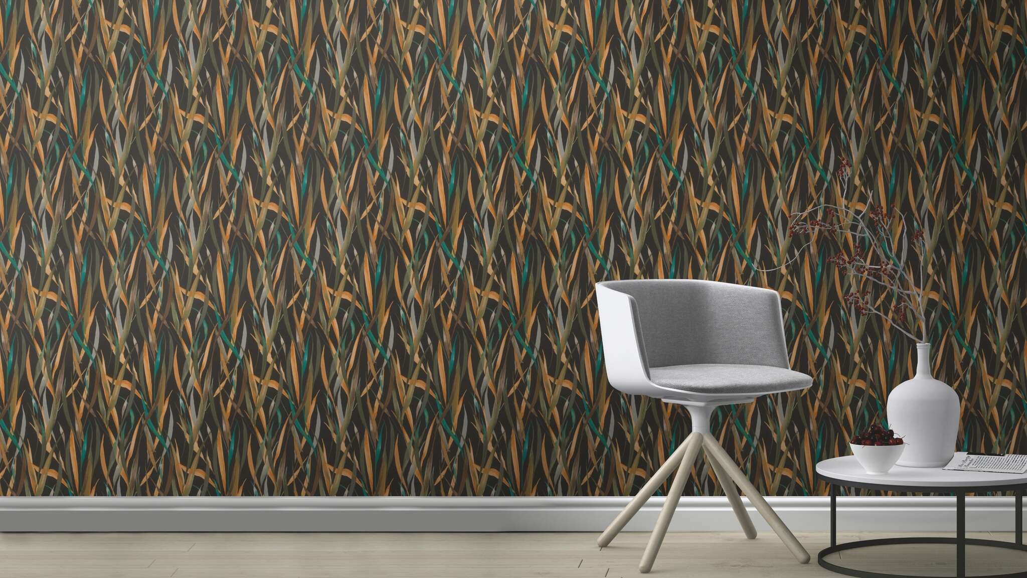 10-330250 Raumsituationen 1 Room with Black background with grasses in orange, green and petrol – a modern eye-catcher with jungle flair.