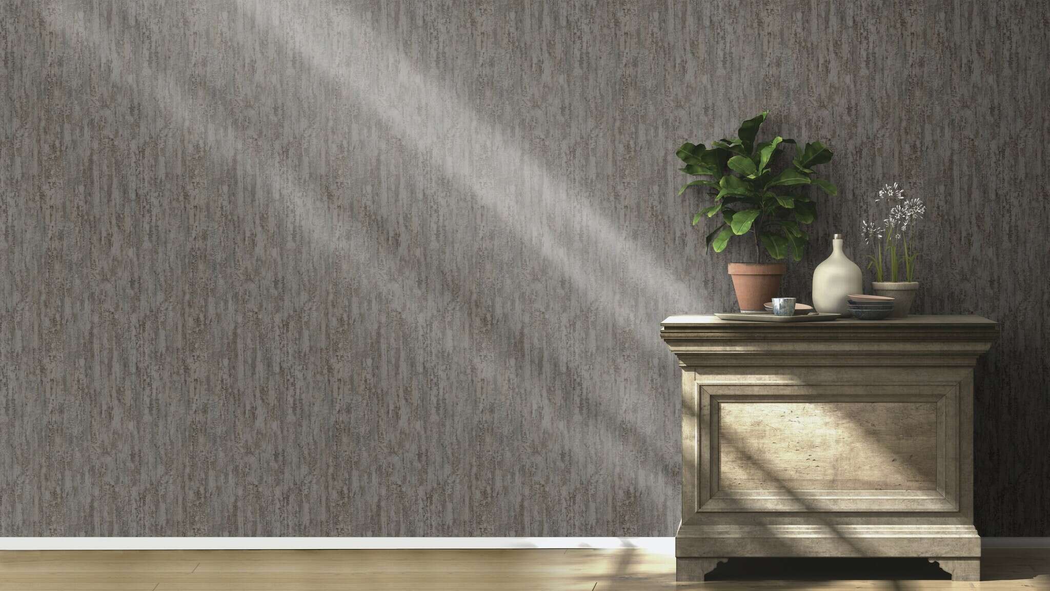 10-554076 Raumsituationen 1 Room with Wallpaper with a grain that looks like tree bark