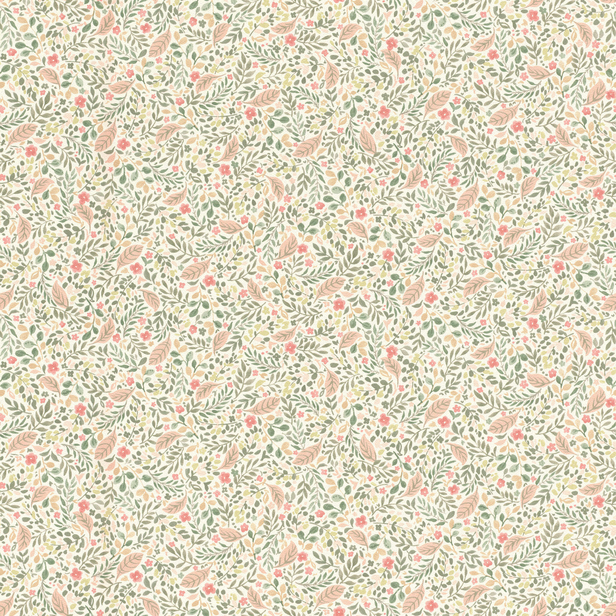 10-795011 Artikelscan 1 Floral non-woven wallpaper with small flowers and leaves in green, pink and orange - 795011