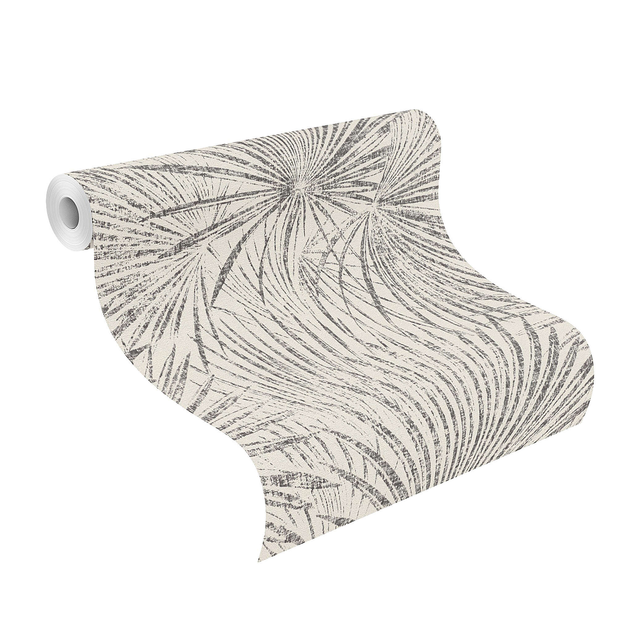 10-555738 Rolle abgerollt 1 Rouleau de déroulé avec Papier peint avec des feuilles de palmier dessinées dans un style shabby chic