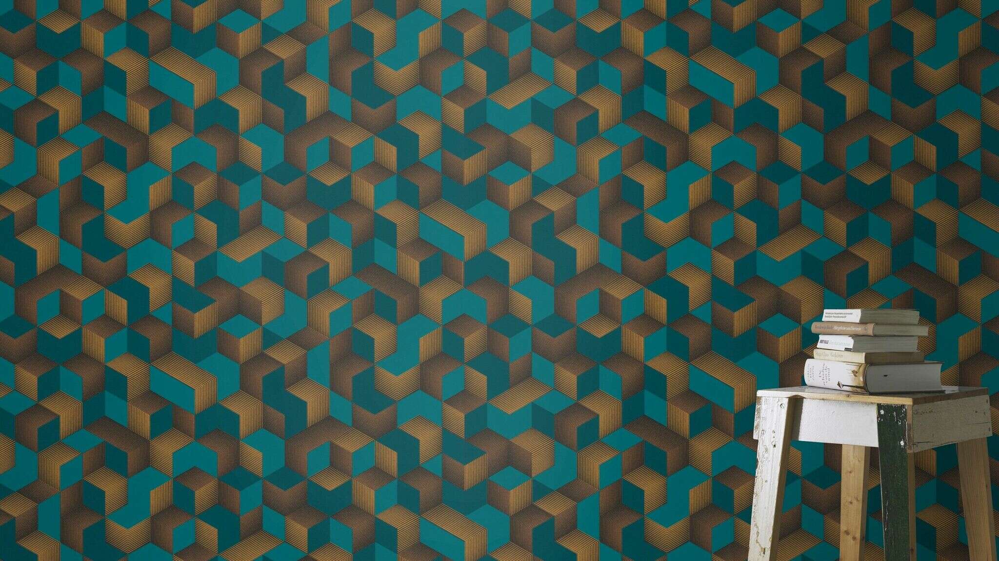 10-403909 Raumsituationen 2 Room with Eye-catching geometric wallpaper with 3D cubes in blue and gold for impressive accent walls
