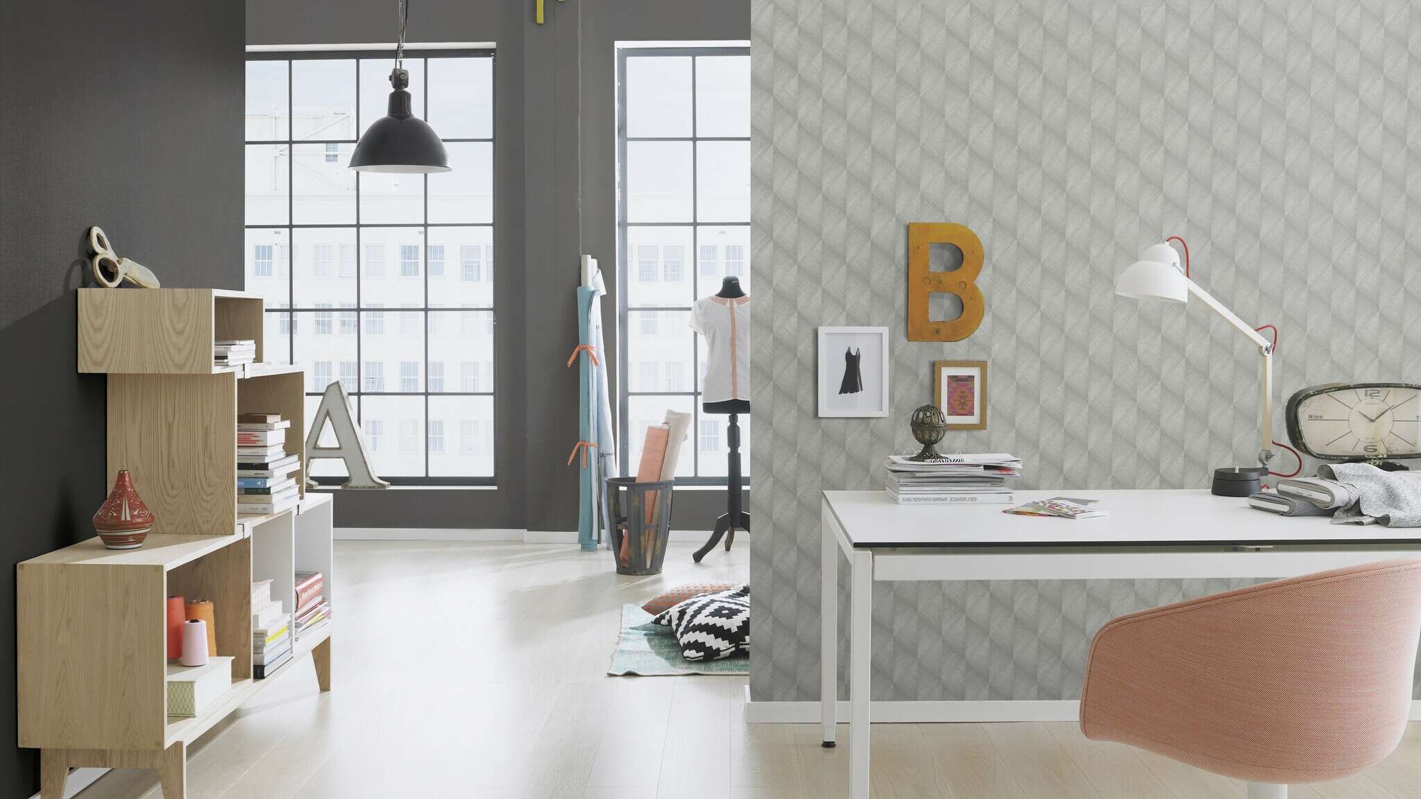 10-688023 Raumsituationen 7 Room with Single-colour wallpaper with a textile texture