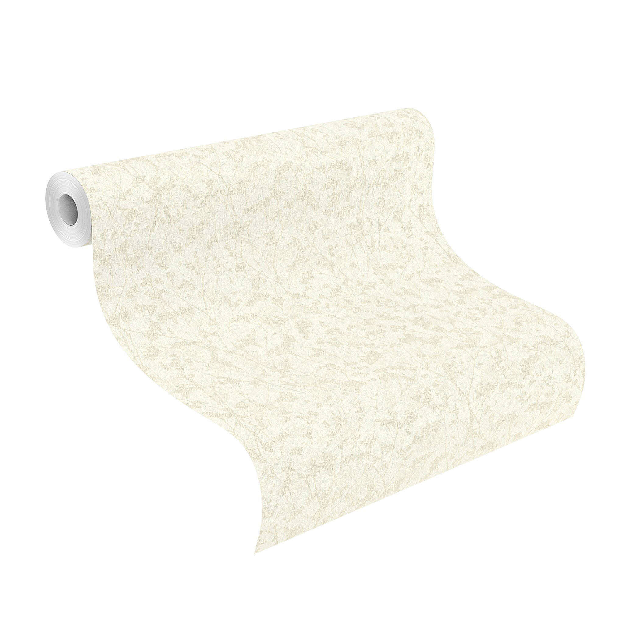 10-720730 Rolle abgerollt 1 Unrolled wallpaper roll with Wallpaper with plant silhouettes and a fine vertical texture