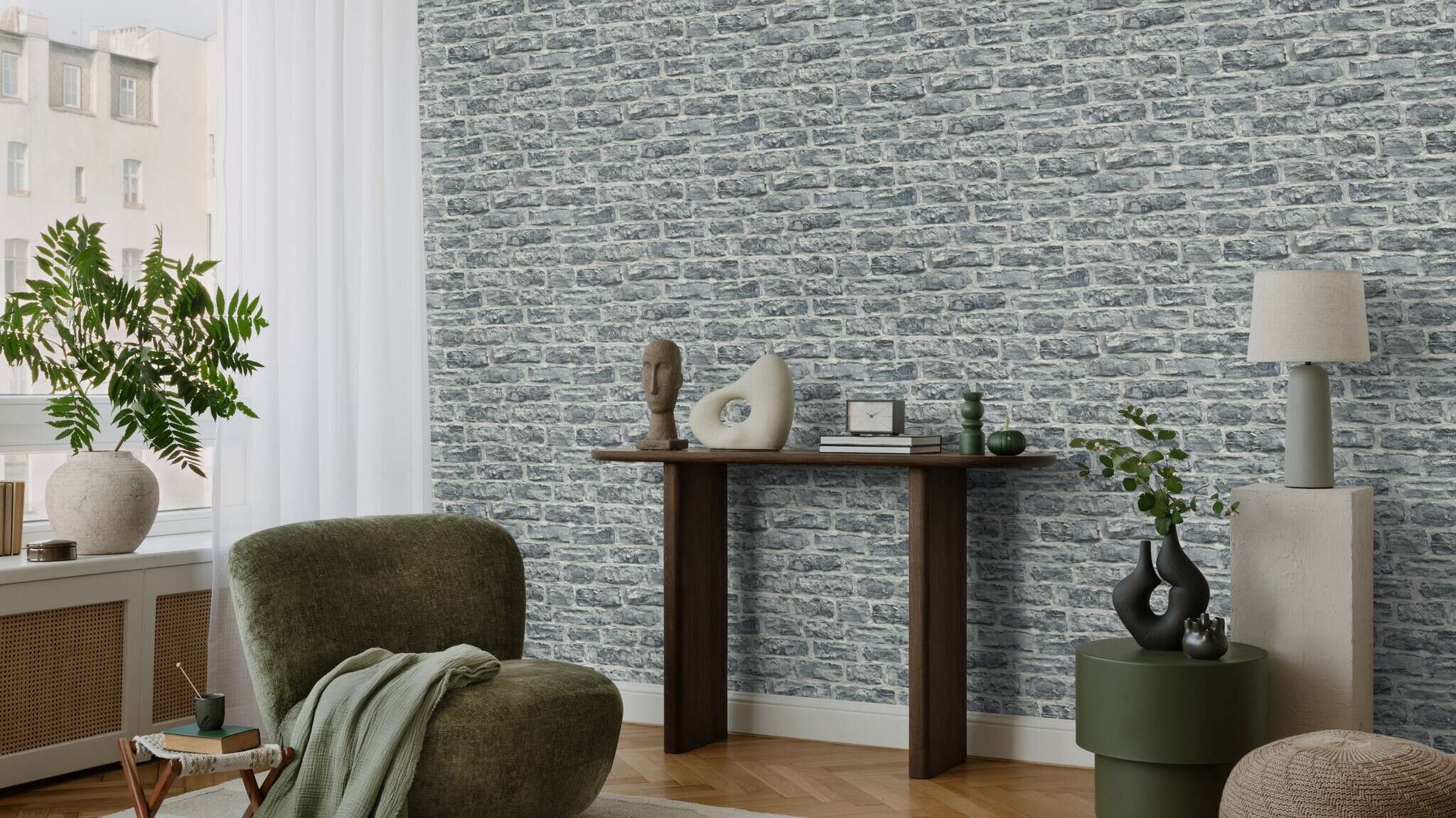 10-498349 Raumsituationen 2 Stone-effect wallpaper in grey Factory VI Brick 498349